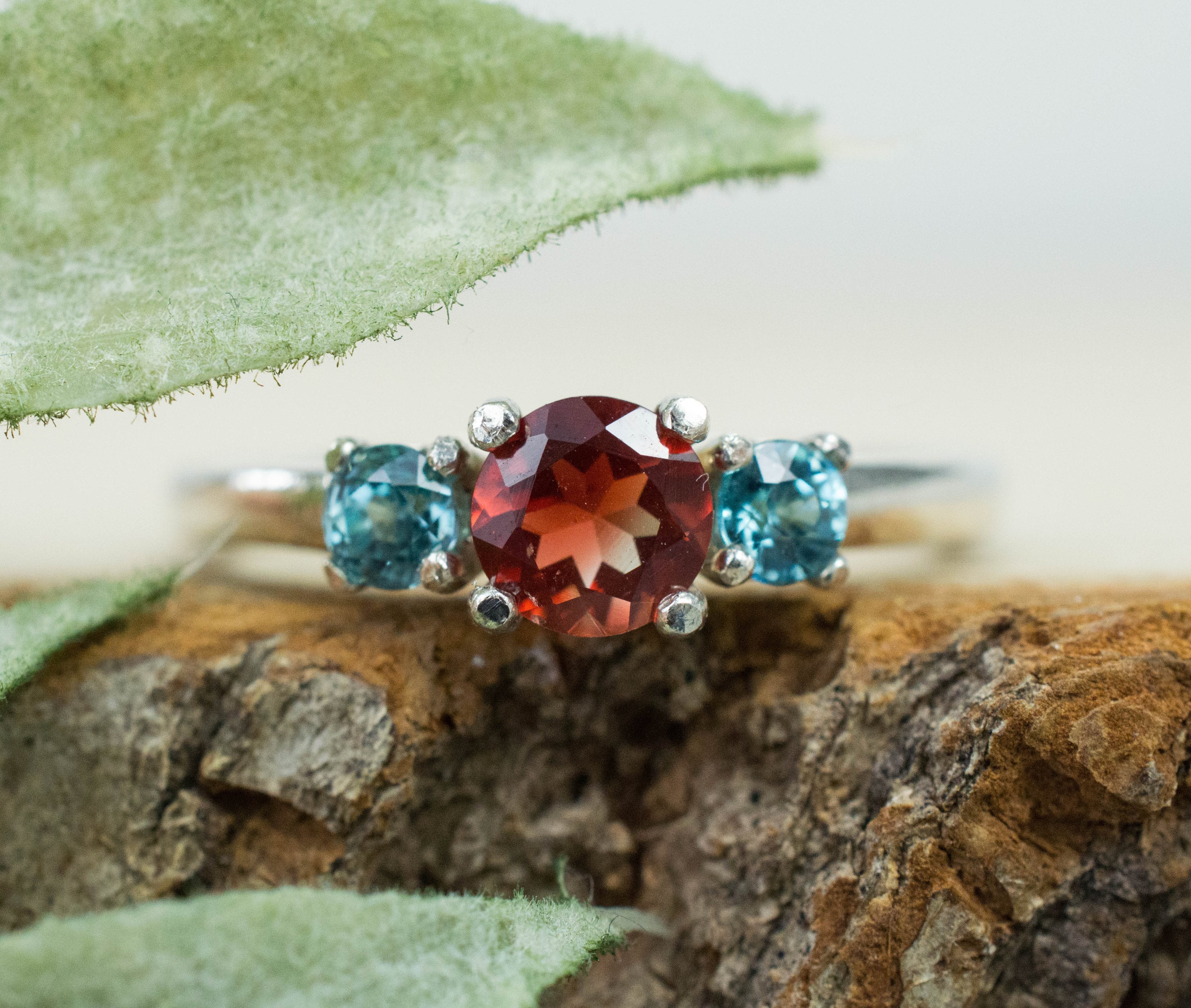 Oregon Sunstone and Blue Zircon Ring, Genuine Untreated Red Sunstone and Zircon - Mark Oliver Gems