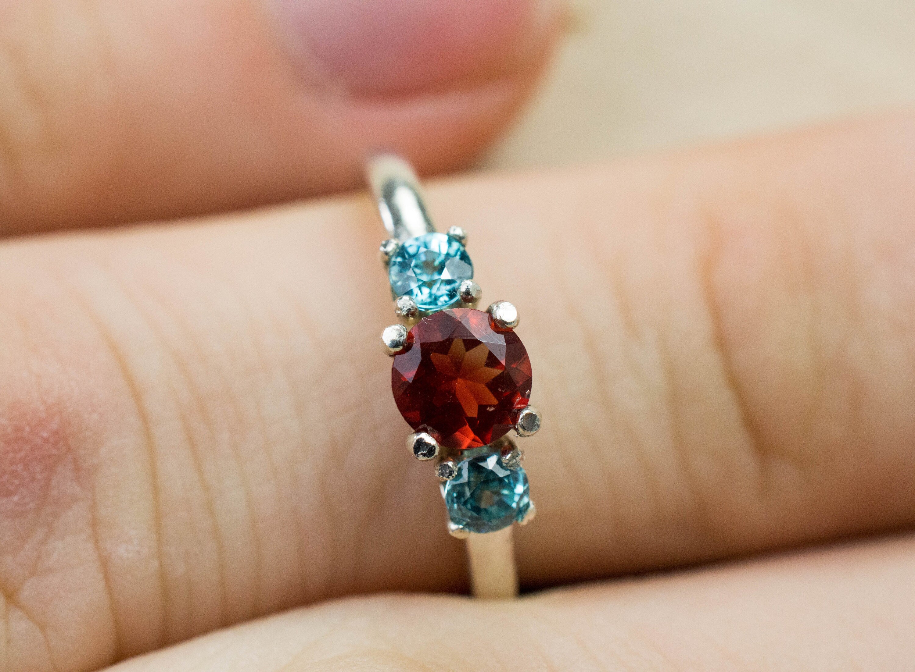 Oregon Sunstone and Blue Zircon Ring, Genuine Untreated Red Sunstone and Zircon - Mark Oliver Gems