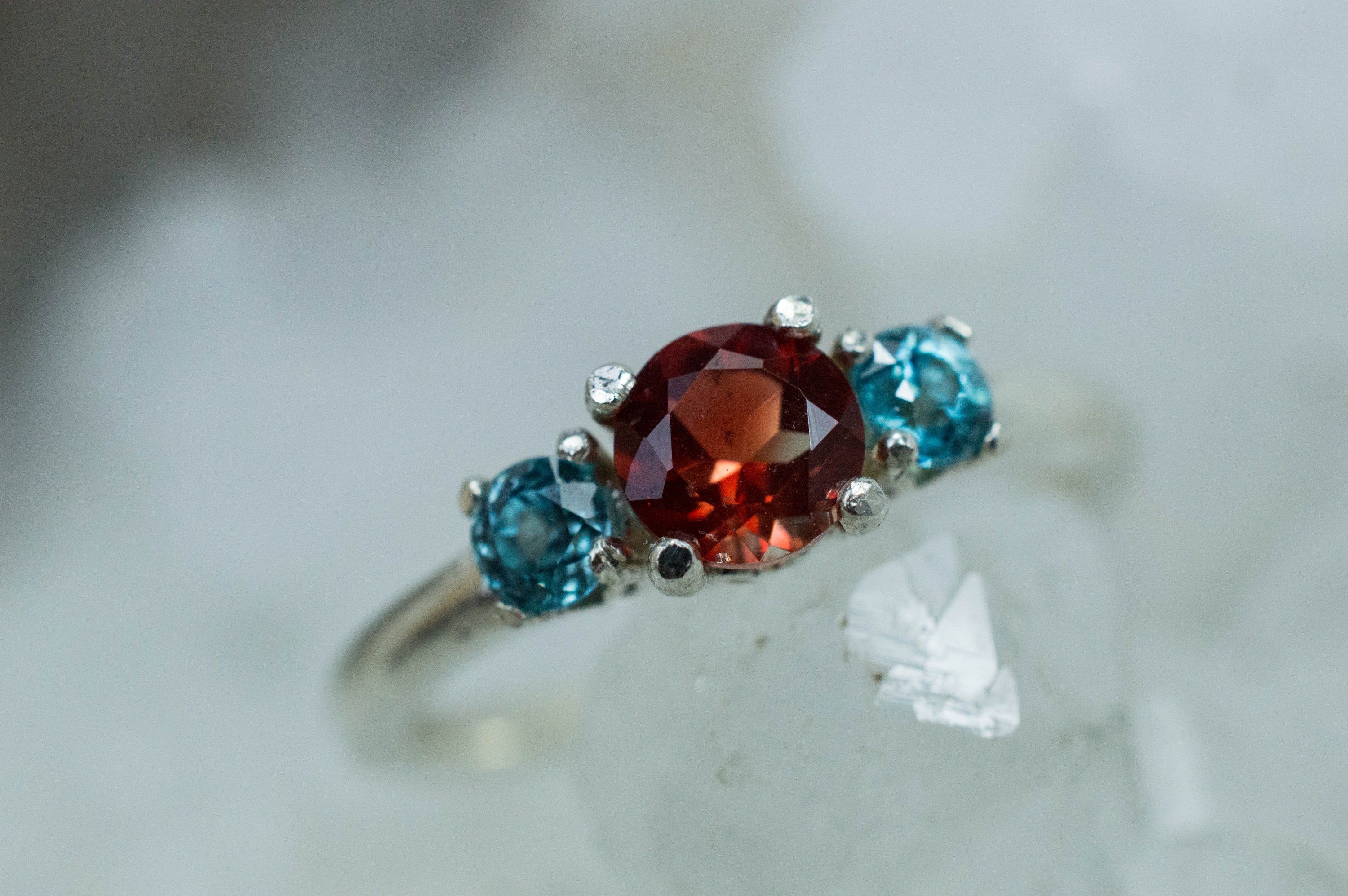Oregon Sunstone and Blue Zircon Ring, Genuine Untreated Red Sunstone and Zircon - Mark Oliver Gems
