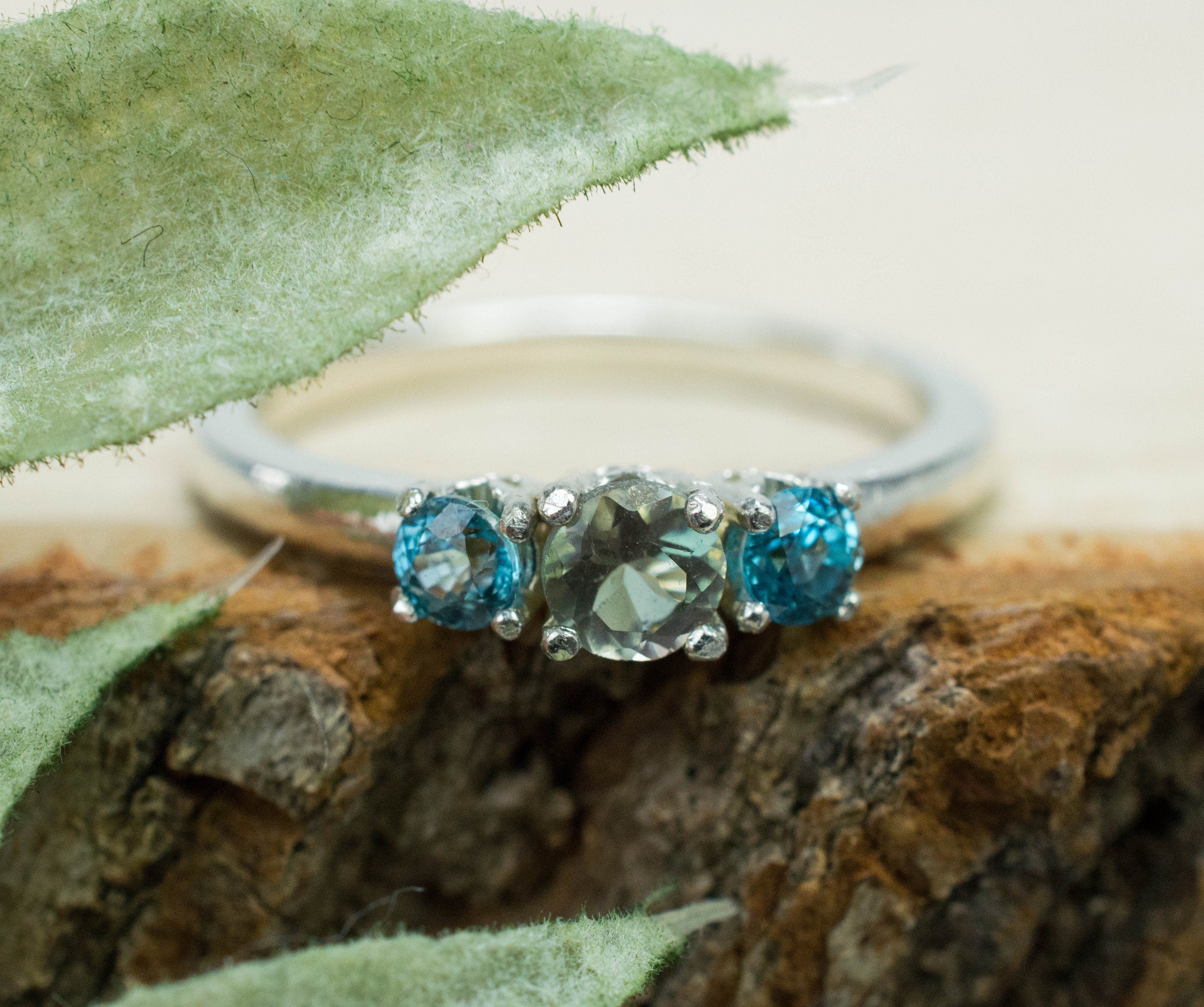 Oregon Sunstone and Zircon Ring, Genuine Untreated Sunstone and Blue Zircon - Mark Oliver Gems