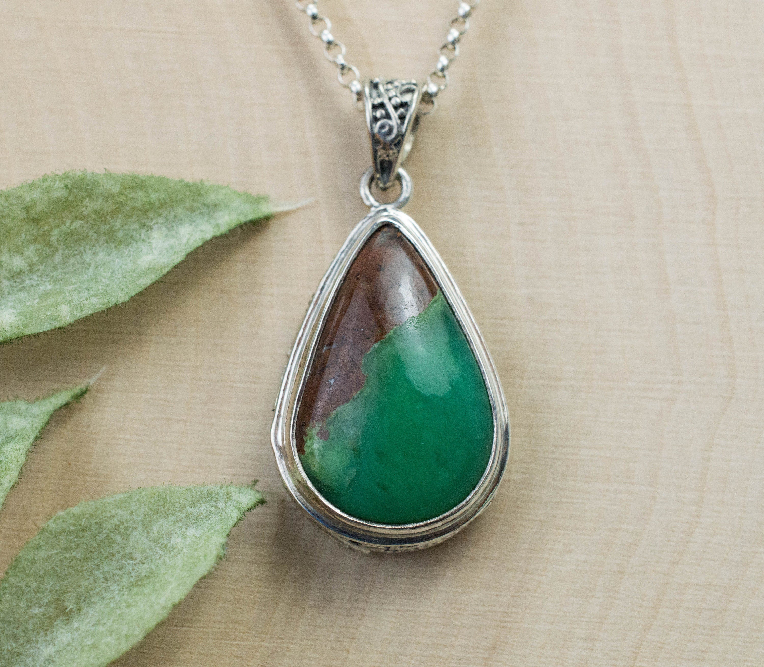 Chrysoprase Pendant; Natural Untreated Australia Chrysoprase with Goethite - Mark Oliver Gems