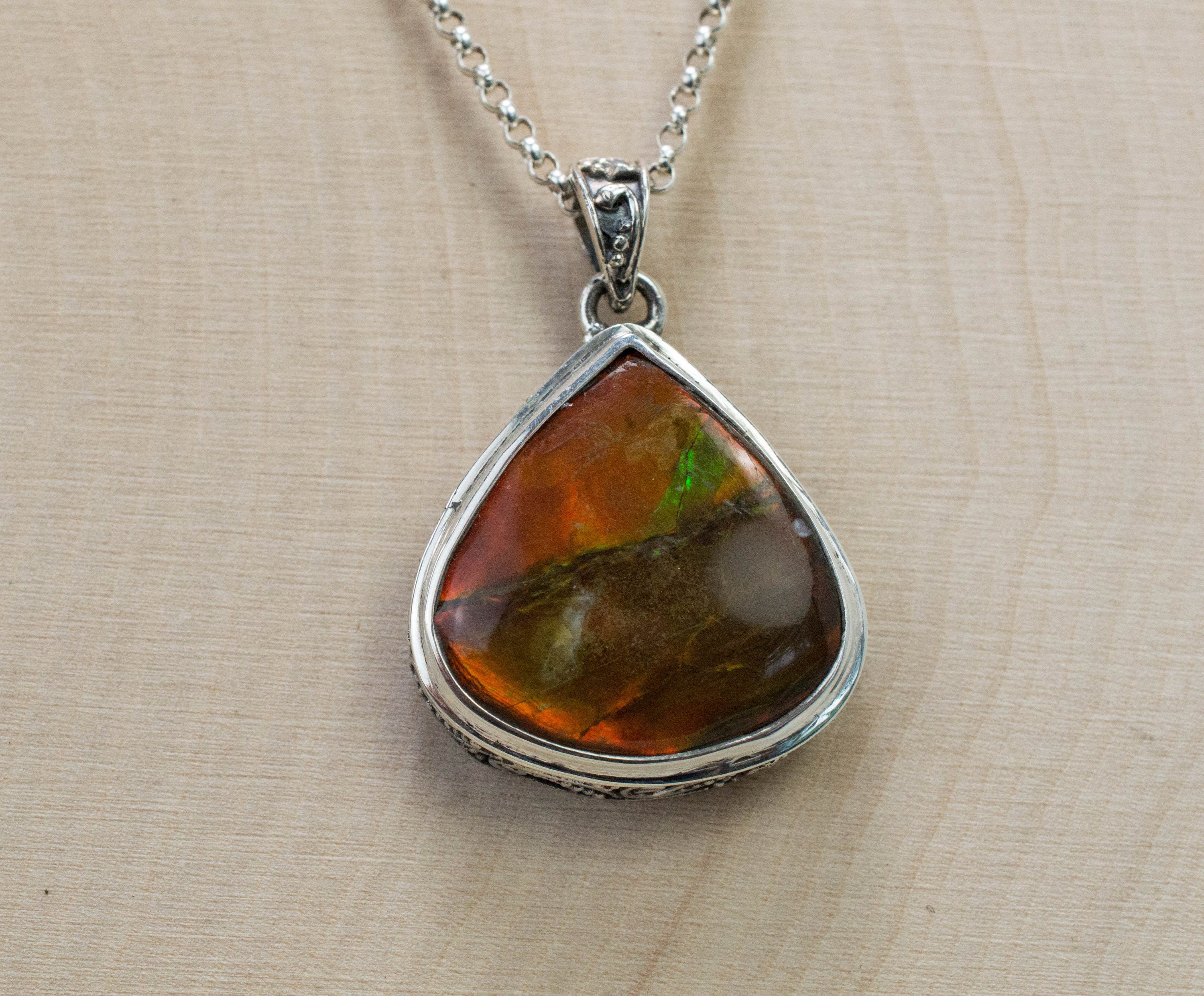 Ammolite Pendant; Natural Canada Ammolite; 20mm x 20mm - Mark Oliver Gems
