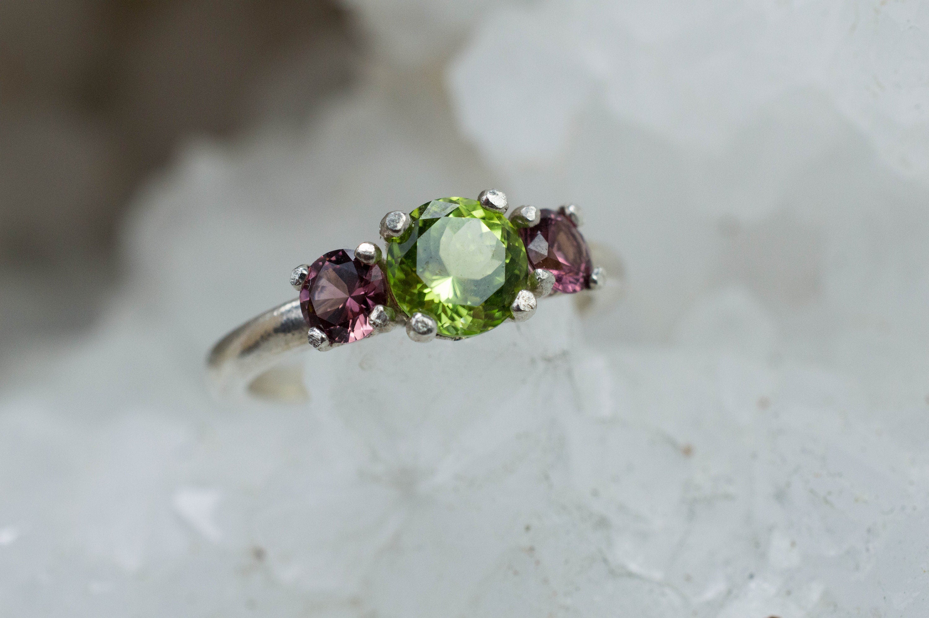 Peridot Ring, Natural Untreated Tanzania Peridot and Cranberry Garnet - Mark Oliver Gems