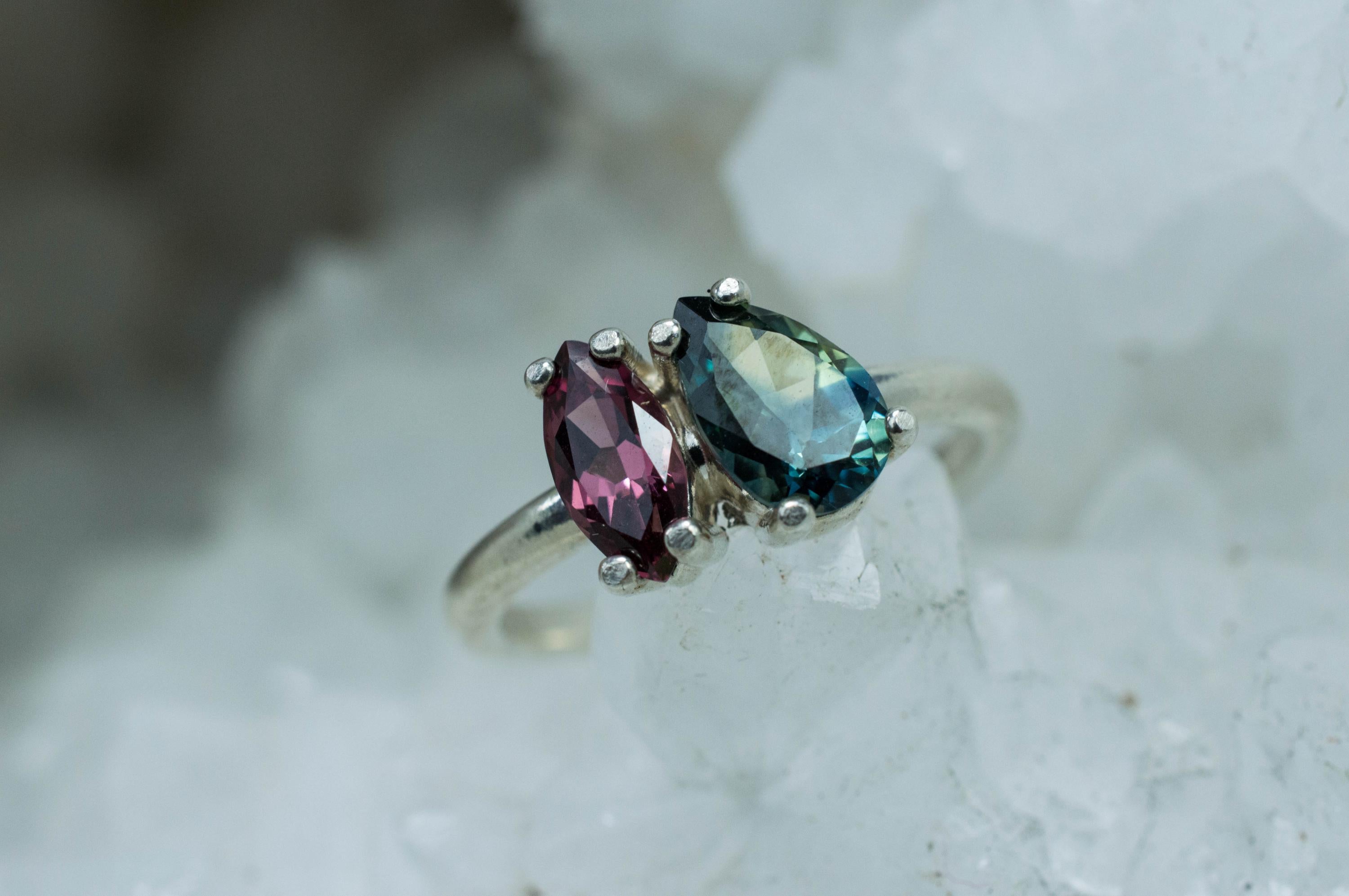 Parti Sapphire and Cranberry Garnet Ring, Genuine Untreated Bi-Colored Australia Sapphire and Tanzania Garnet - Mark Oliver Gems