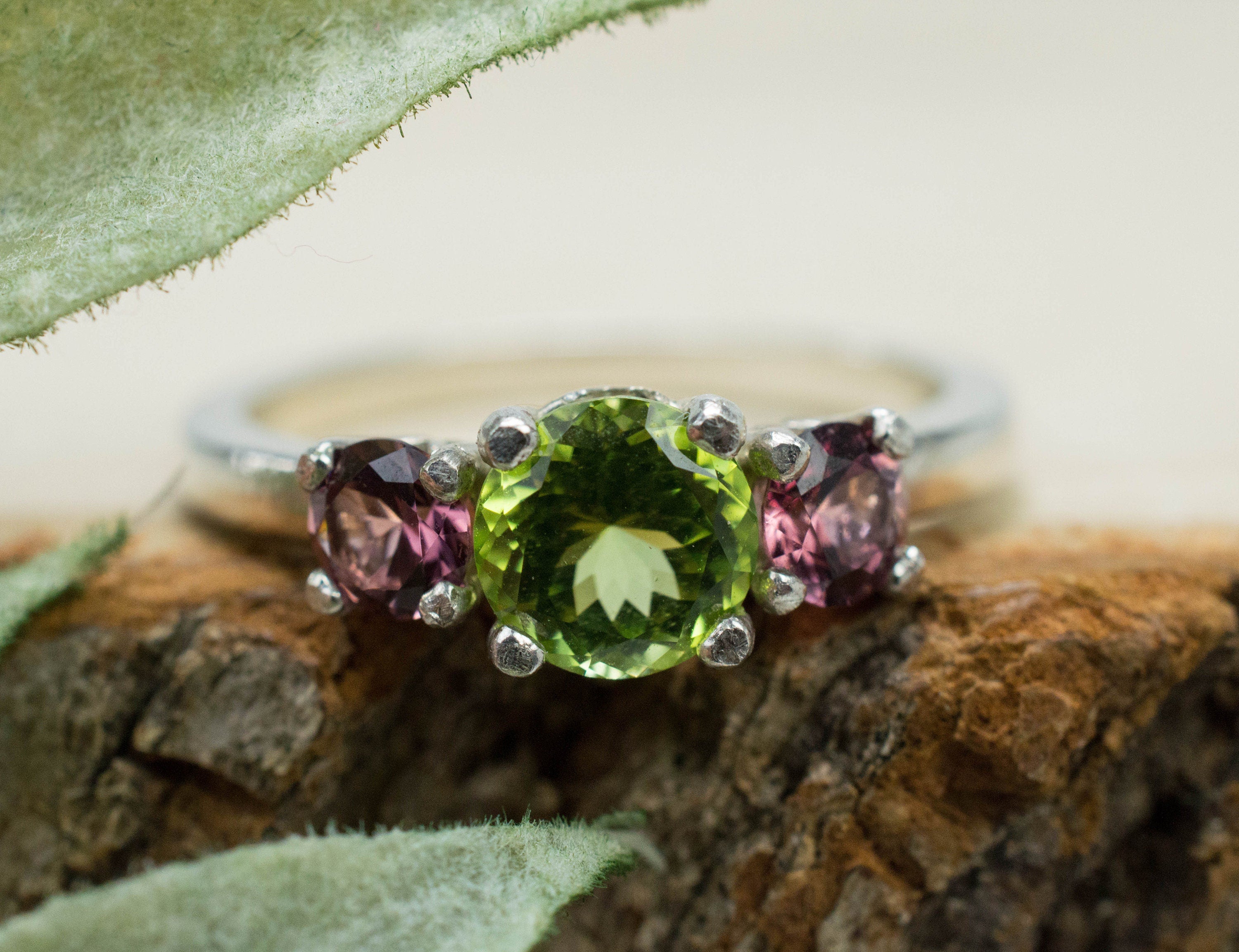 Peridot Ring, Natural Untreated Tanzania Peridot and Cranberry Garnet - Mark Oliver Gems
