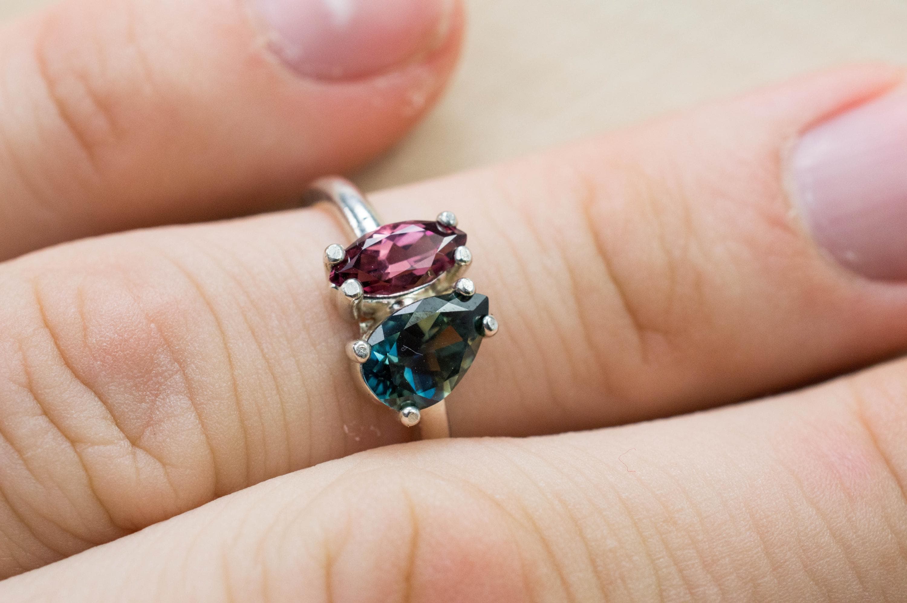 Parti Sapphire and Cranberry Garnet Ring, Genuine Untreated Bi-Colored Australia Sapphire and Tanzania Garnet - Mark Oliver Gems