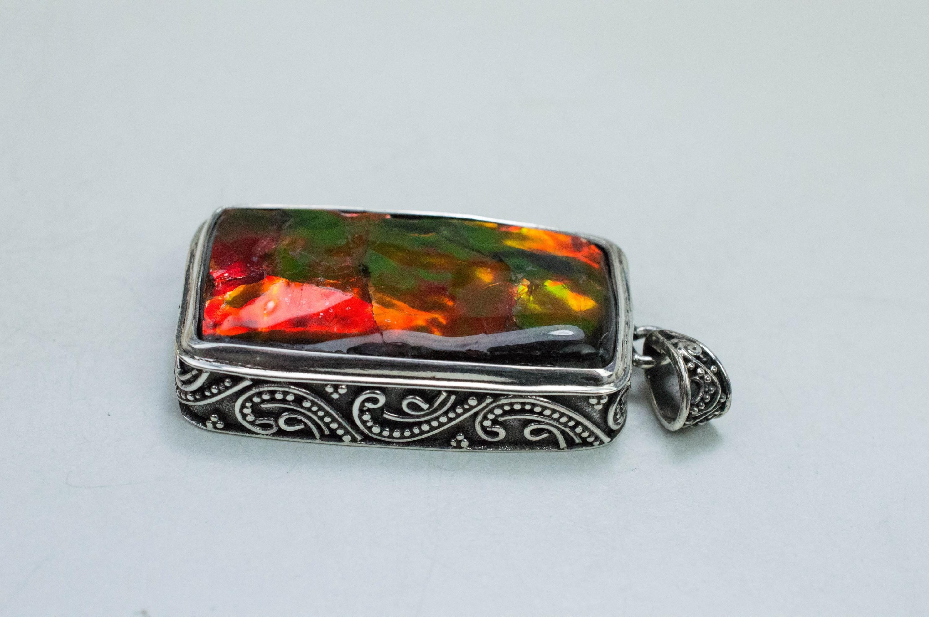 Ammolite Pendant; Natural Canada Ammolite; 32mm x 18mm - Mark Oliver Gems