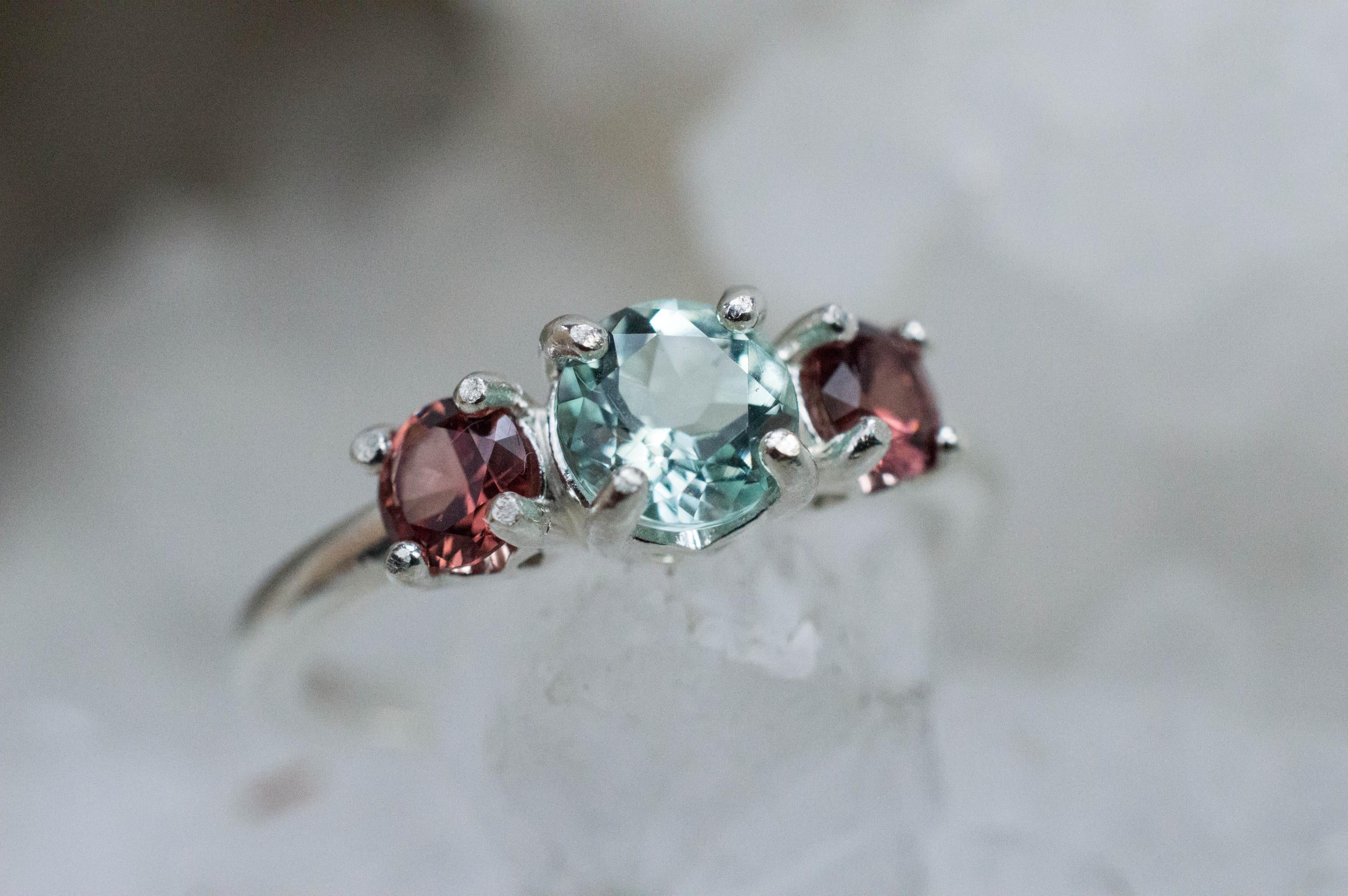 Green Beryl and Spinel Ring; Natural Untreated Nigerian Beryl and Vietnam Pink Spinel - Mark Oliver Gems