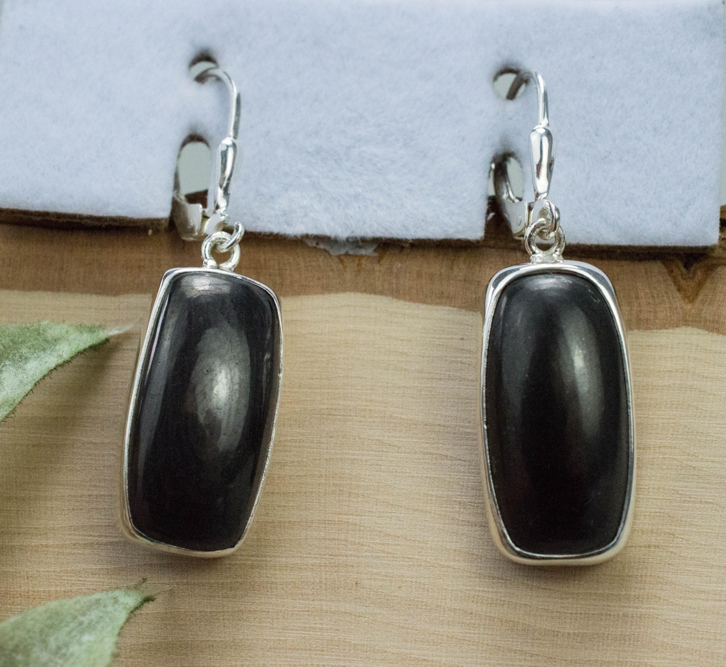 Shungite Earrings; Natural Untreated Shungite; 21 x 11mm - Mark Oliver Gems