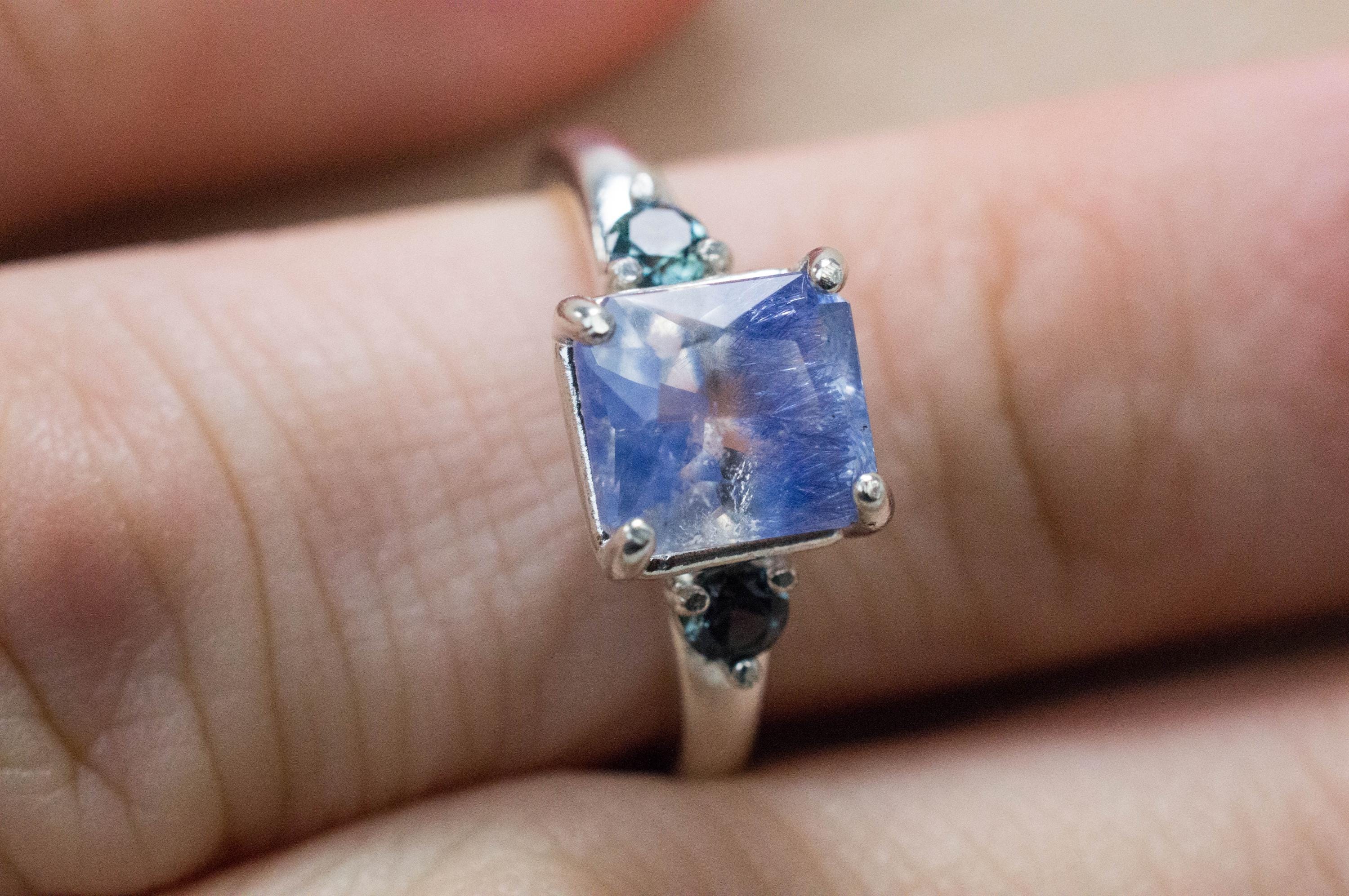 Dumortierite Quartz and Sapphire Ring; Natural Untreated Dumortierite and Blue Sapphire - Mark Oliver Gems