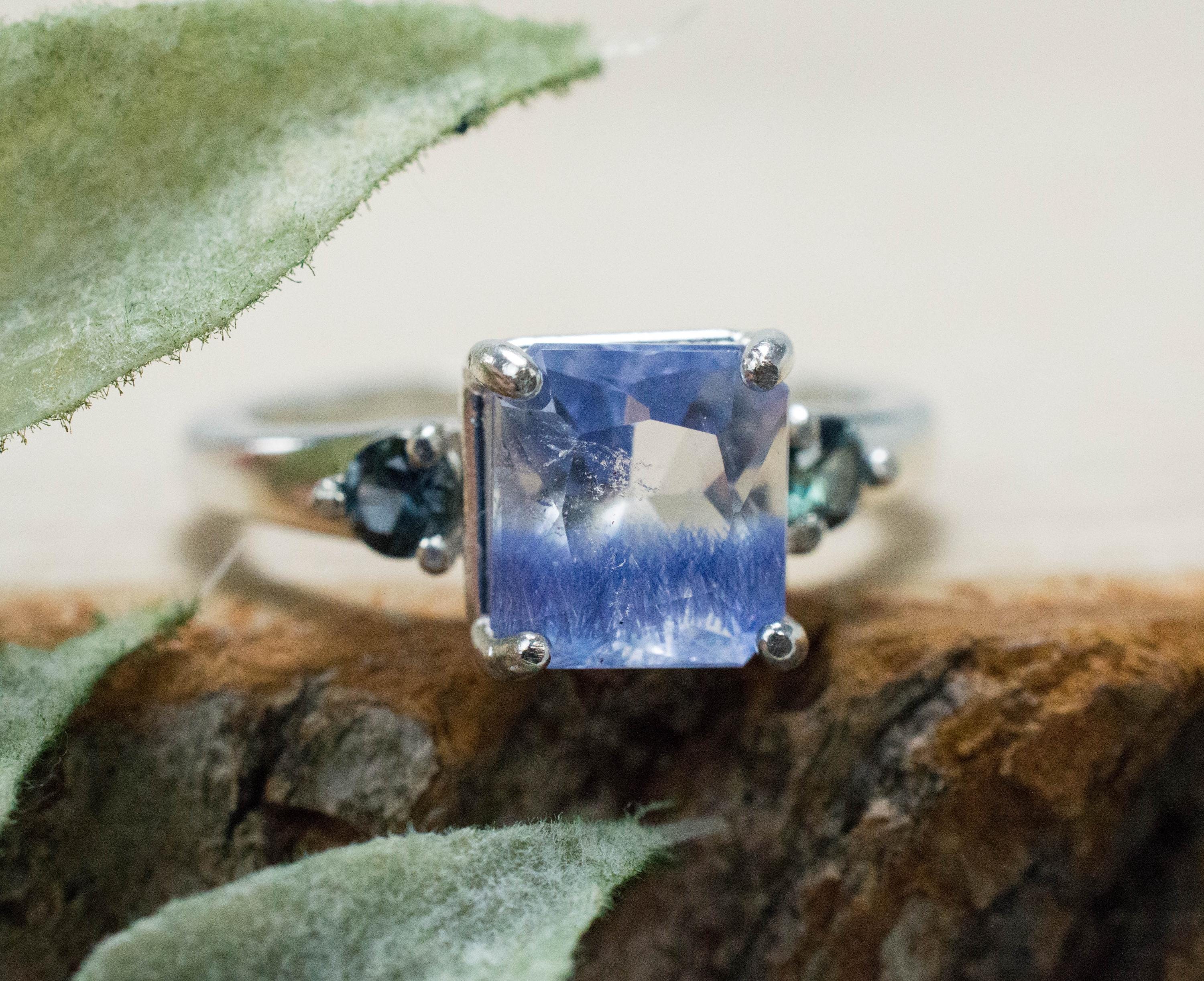Dumortierite Quartz and Sapphire Ring; Natural Untreated Dumortierite and Blue Sapphire - Mark Oliver Gems