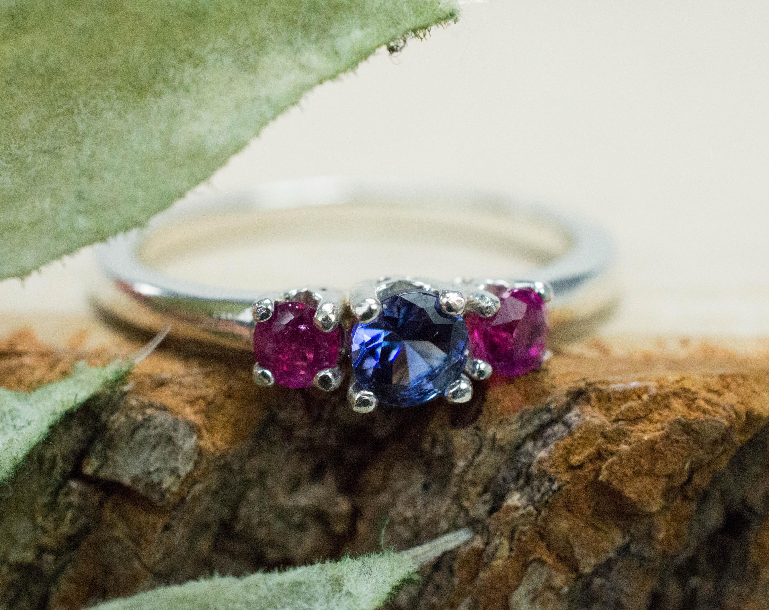Benitoite and Bixbite Ring; Natural Untreated California Benitoite and Utah Red Beryl - Mark Oliver Gems