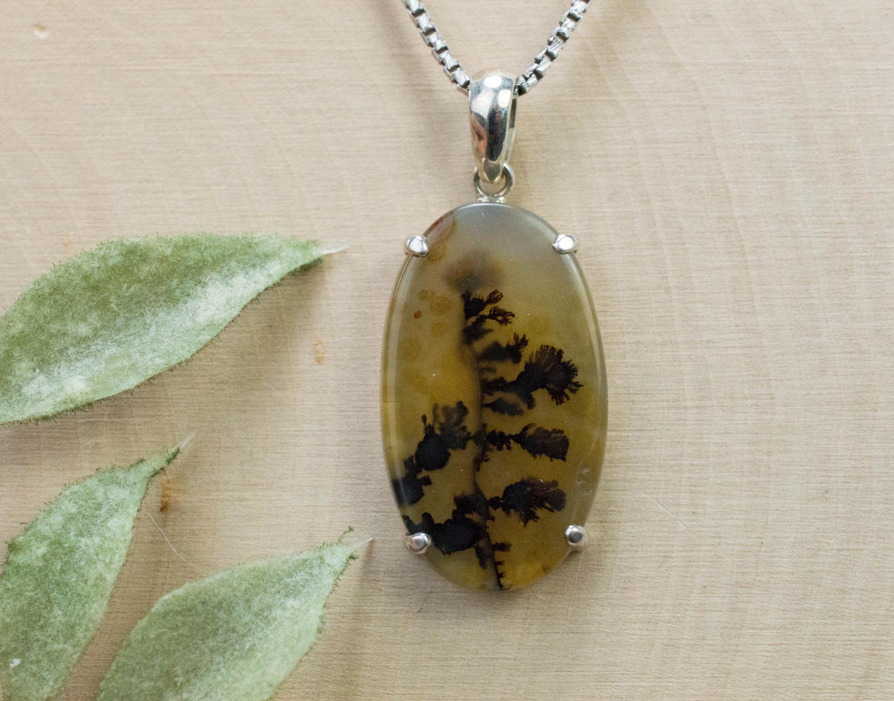 Dendritic Agate Pendant; Natural Untreated India Sanjar Agate; 26x15mm - Mark Oliver Gems