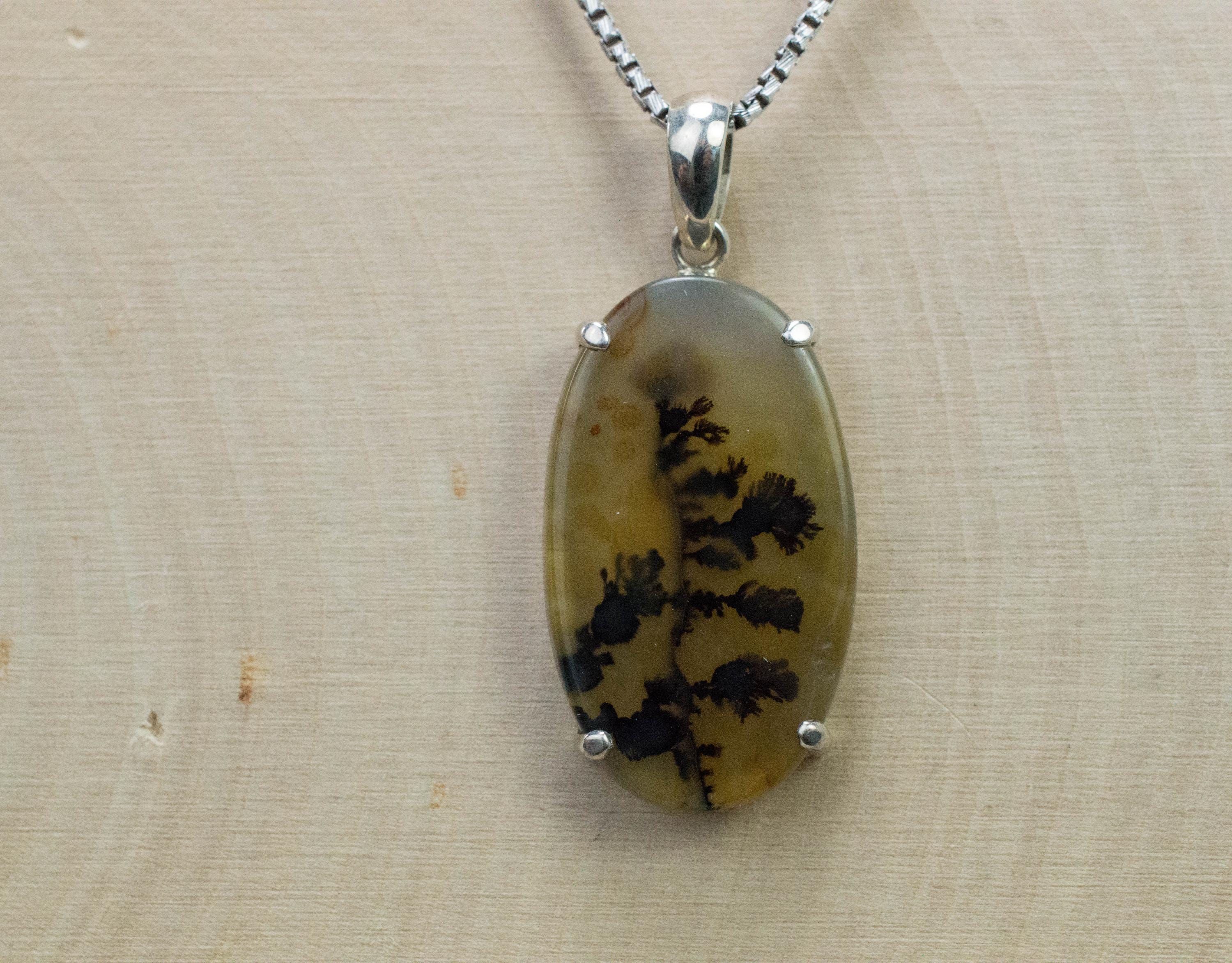 Dendritic Agate Pendant; Natural Untreated India Sanjar Agate; 26x15mm - Mark Oliver Gems
