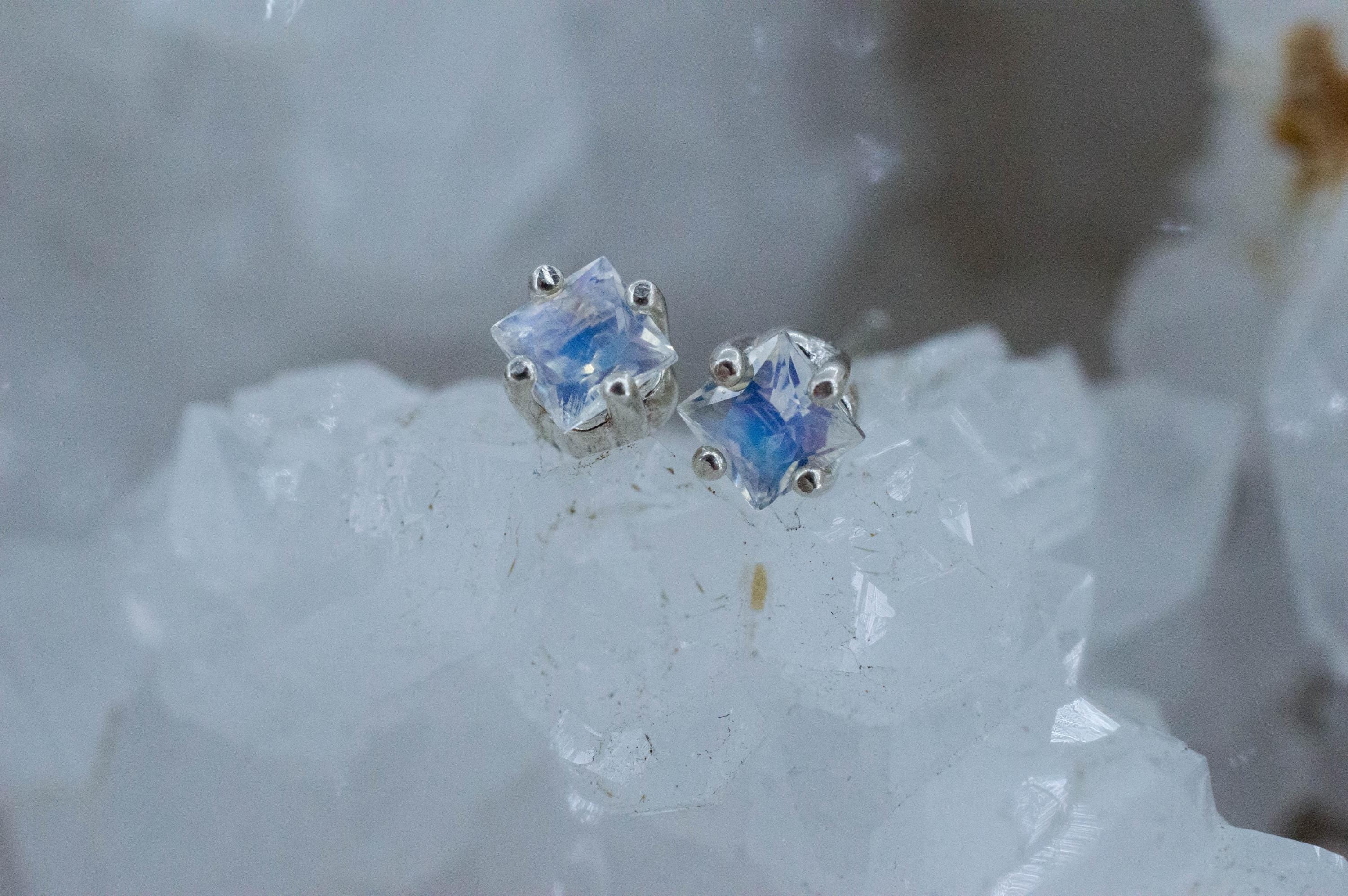 Rainbow Moonstone Earrings, Natural Untreated India Moonstone; 0.690cts - Mark Oliver Gems