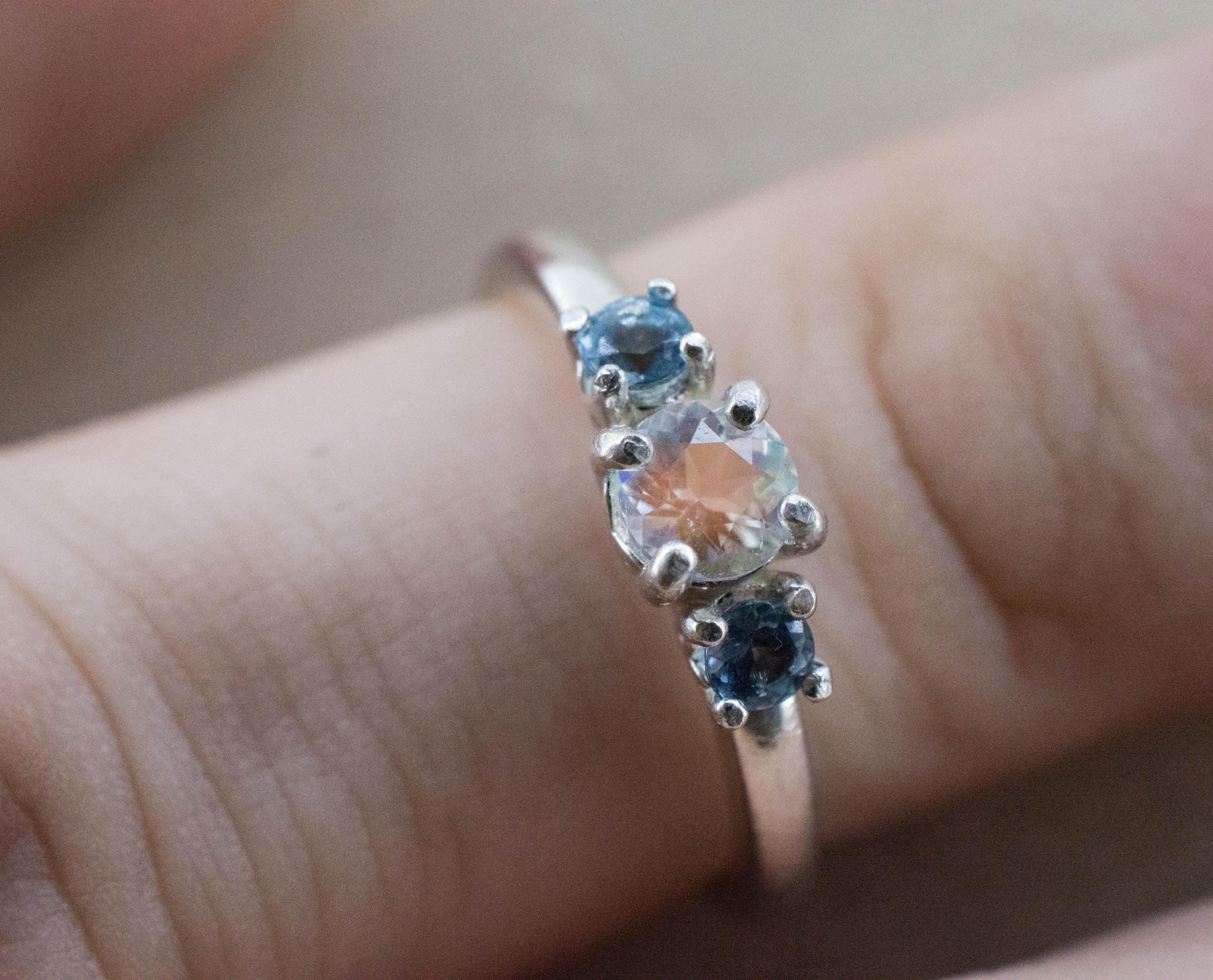 Rainbow Moonstone and Aquamarine Ring, Natural Untreated Madagascar Moonstone and Nigeria Aqua