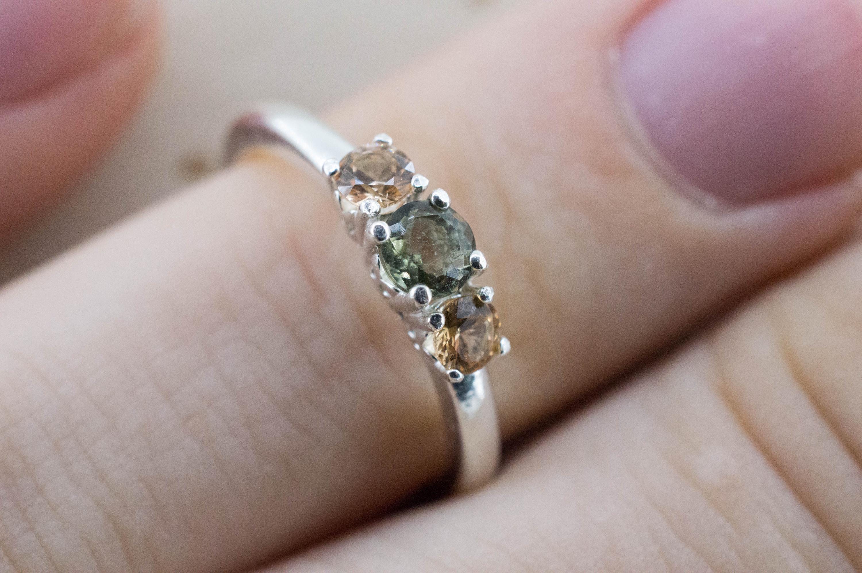 Moldavite and Hessonite Garnet Ring, Natural Untreated Moldavite and Garnet