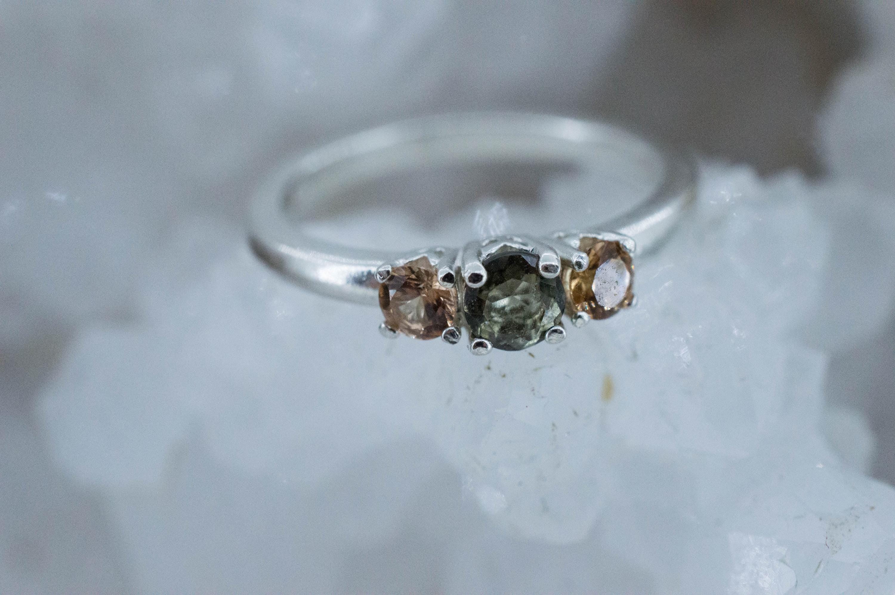 Moldavite and Hessonite Garnet Ring, Natural Untreated Moldavite and Garnet