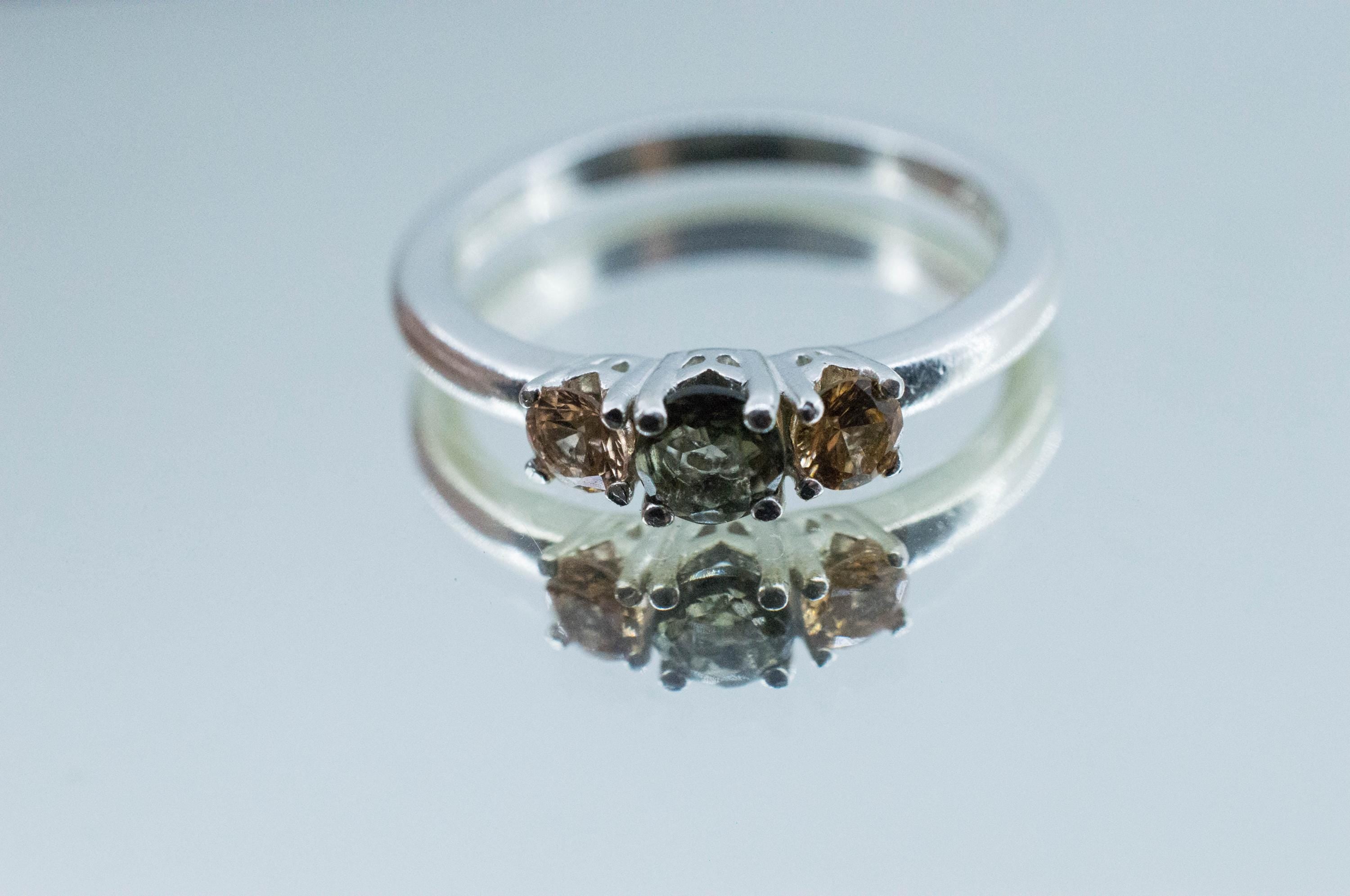 Moldavite and Hessonite Garnet Ring, Natural Untreated Moldavite and Garnet