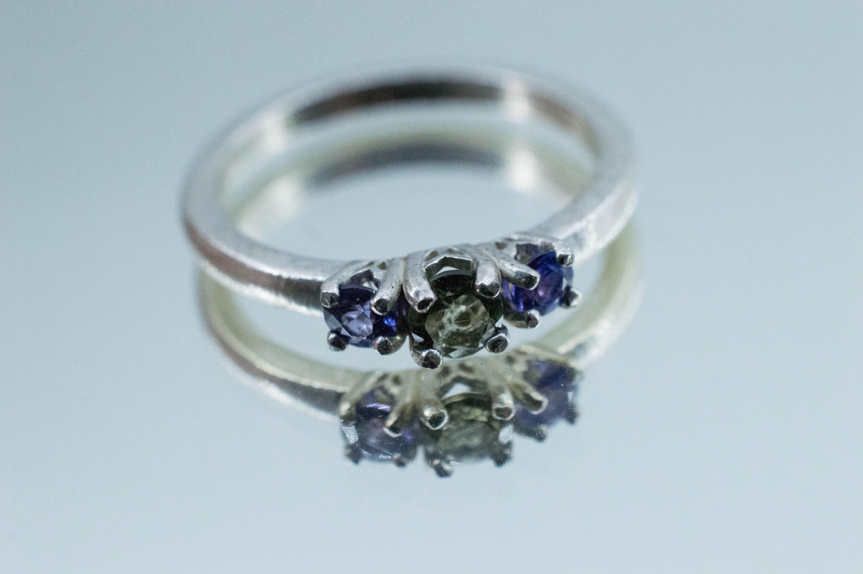 Moldavite and Sapphire Garnet Ring, Natural Untreated Moldavite and Garnet