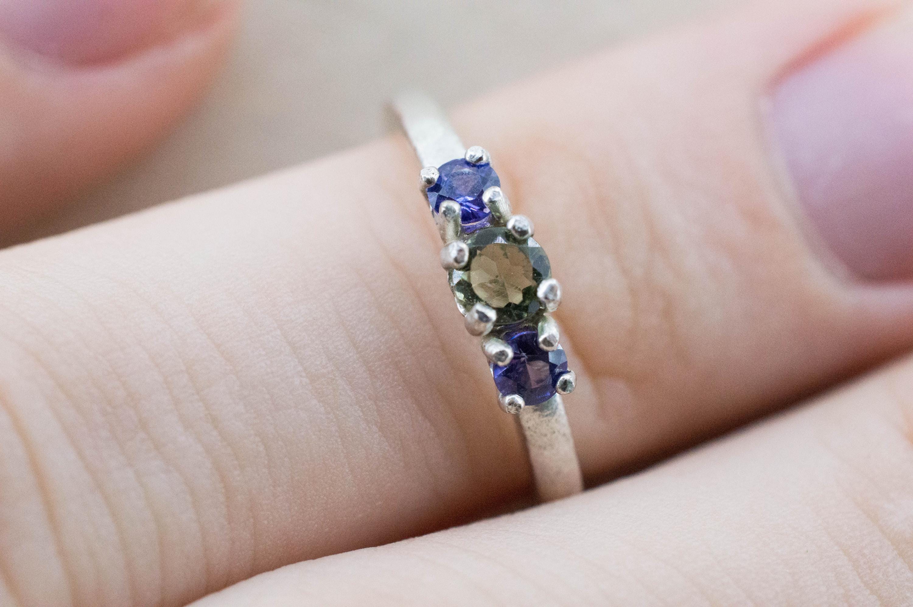 Moldavite and Sapphire Garnet Ring, Natural Untreated Moldavite and Garnet
