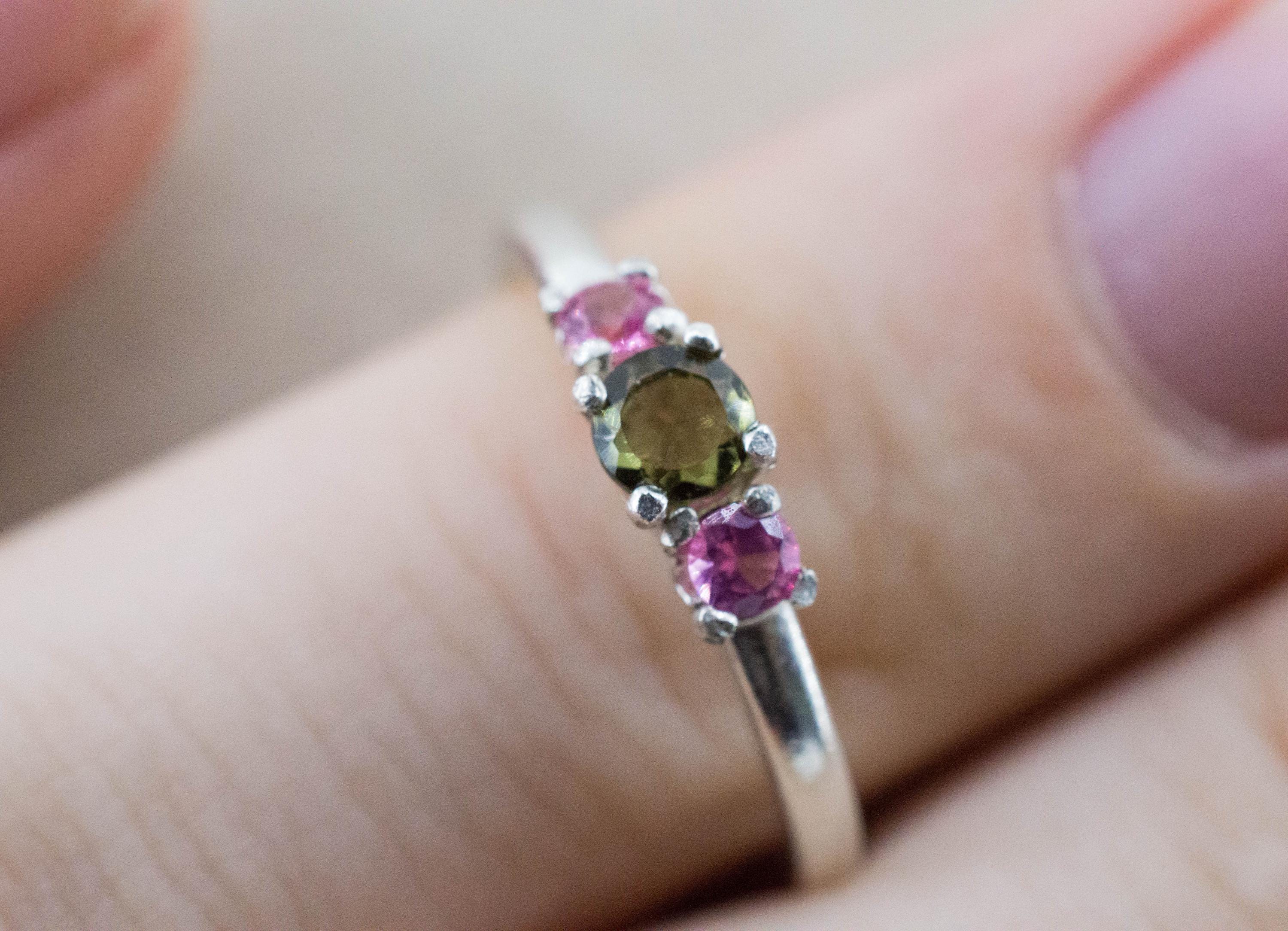 Moldavite and Pink Spinel Ring, Natural Untreated Moldavite and Garnet
