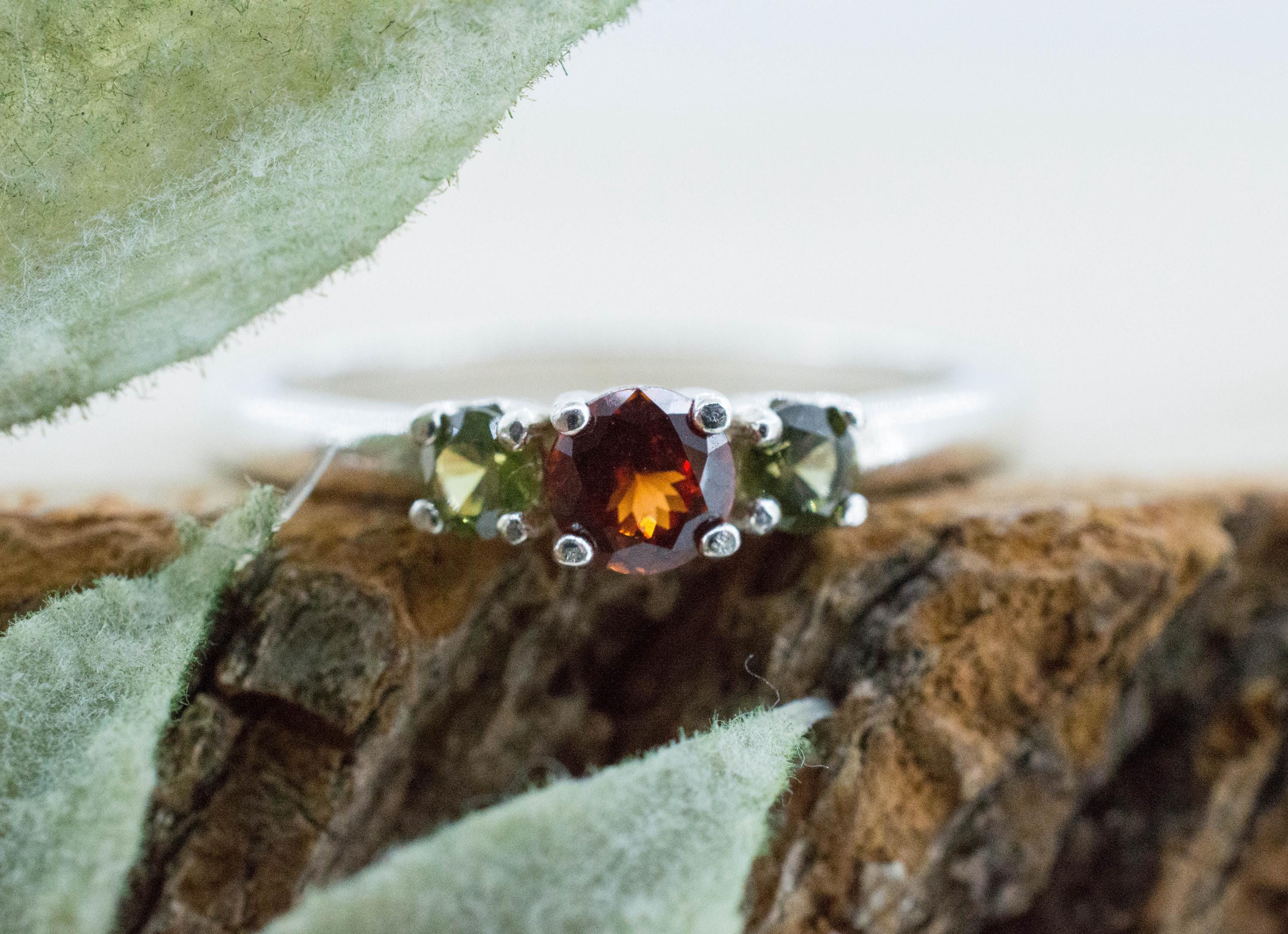 Spessartite Garnet and Green Zircon Ring; Natural Untreated Tanzania Lindi Garnet and Sri Lanka Zircon