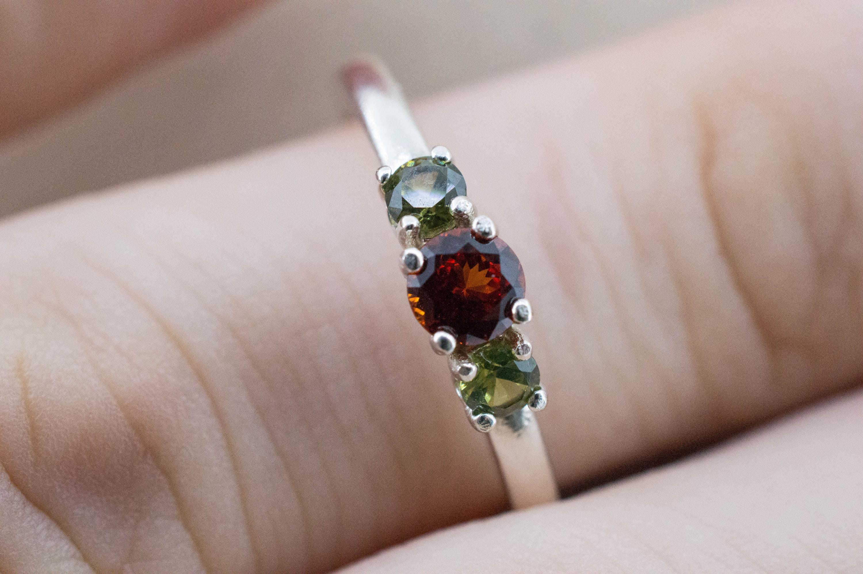 Spessartite Garnet and Green Zircon Ring; Natural Untreated Tanzania Lindi Garnet and Sri Lanka Zircon