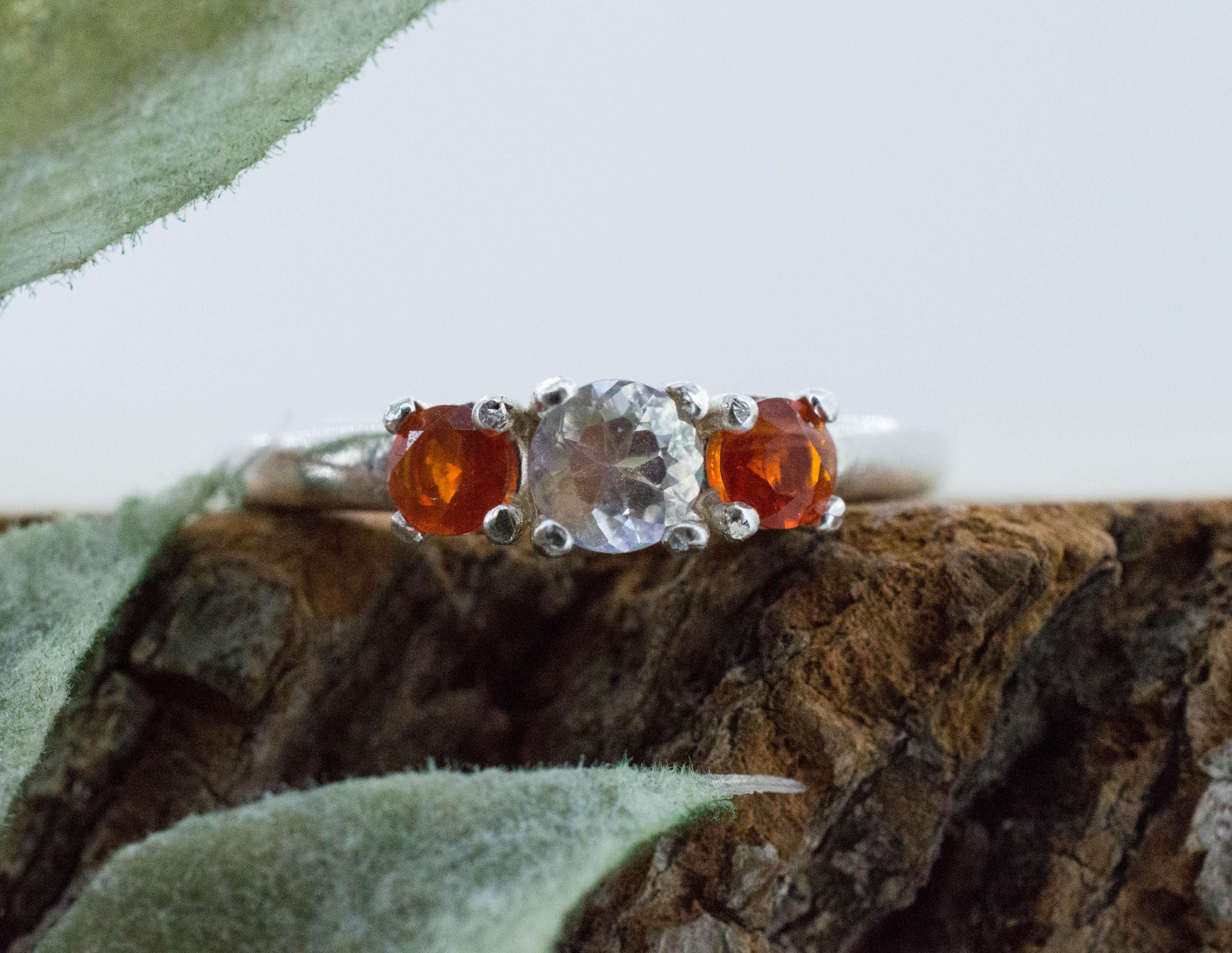 Rainbow Moonstone and Fire Opal Ring, Natural Untreated Madagascar Moonstone and Mexico Opal