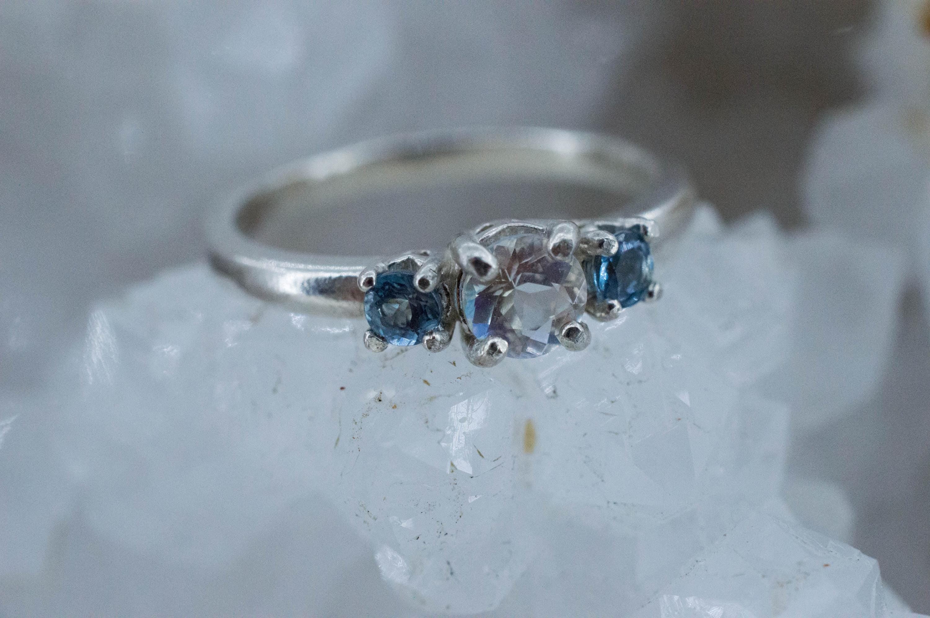 Rainbow Moonstone and Aquamarine Ring, Natural Untreated Madagascar Moonstone and Nigeria Aqua