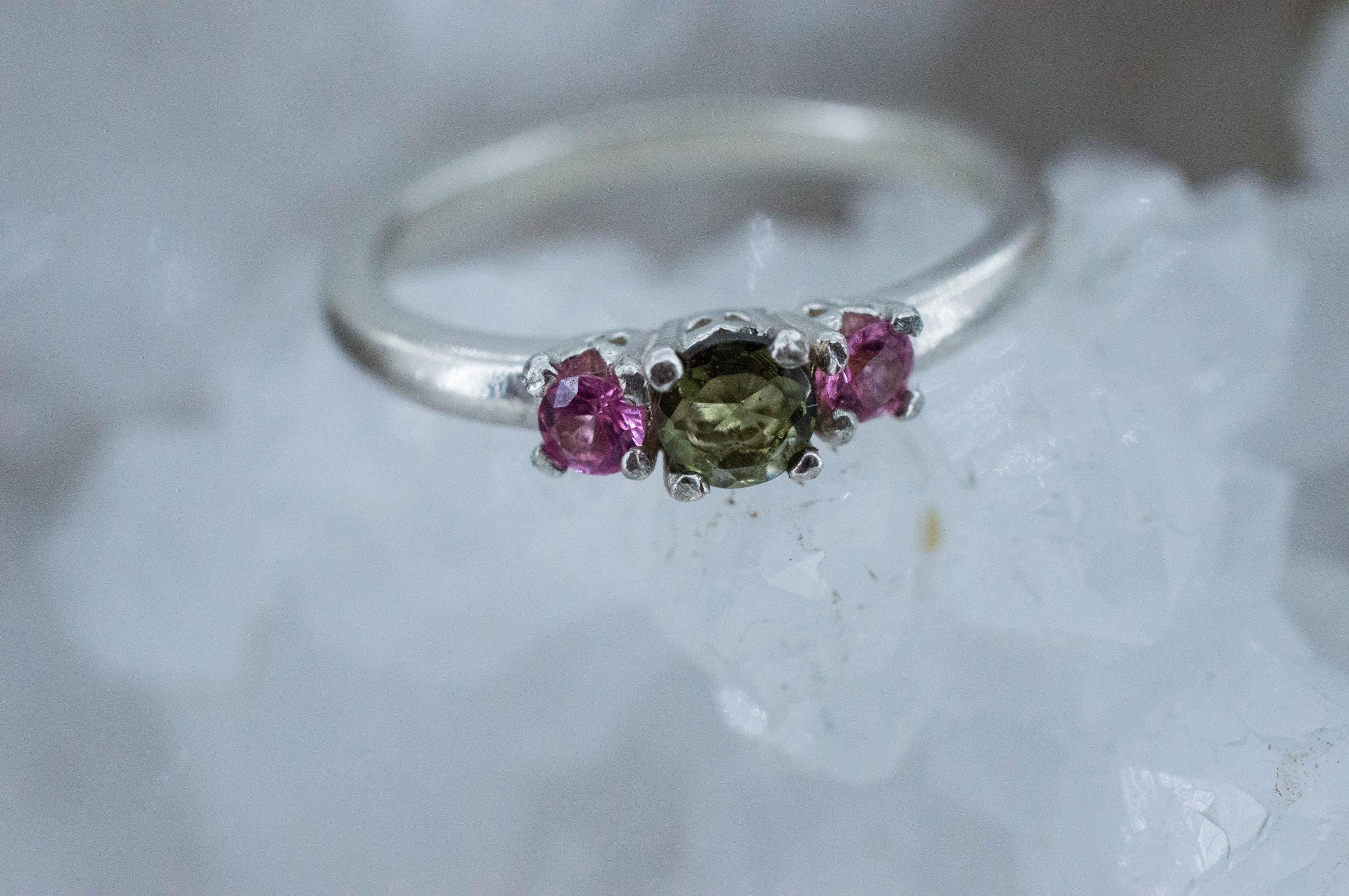 Moldavite and Pink Spinel Ring, Natural Untreated Moldavite and Garnet