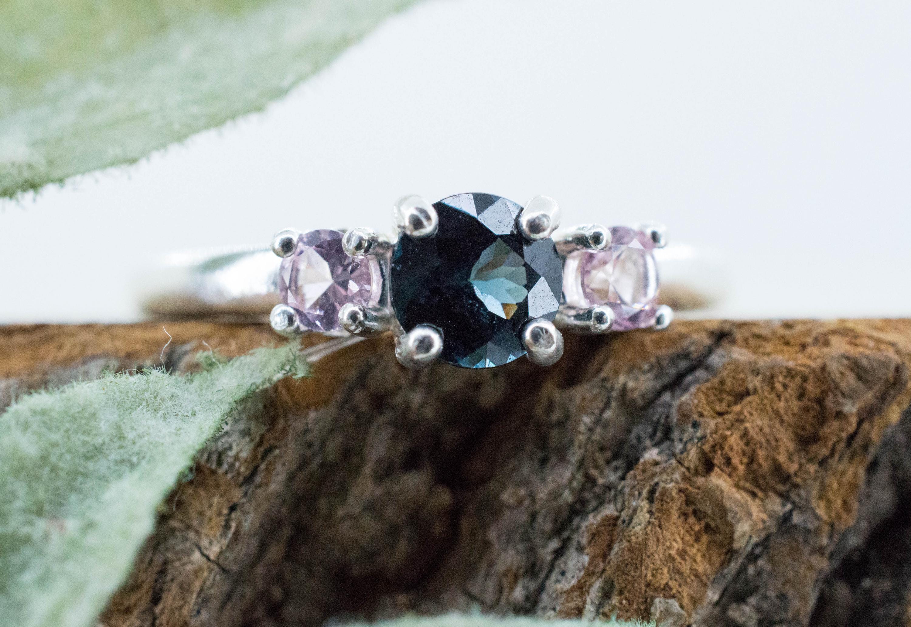 Blue Spinel and Tourmaline Ring, Natural Untreated Sri Lanka Blue Spinel