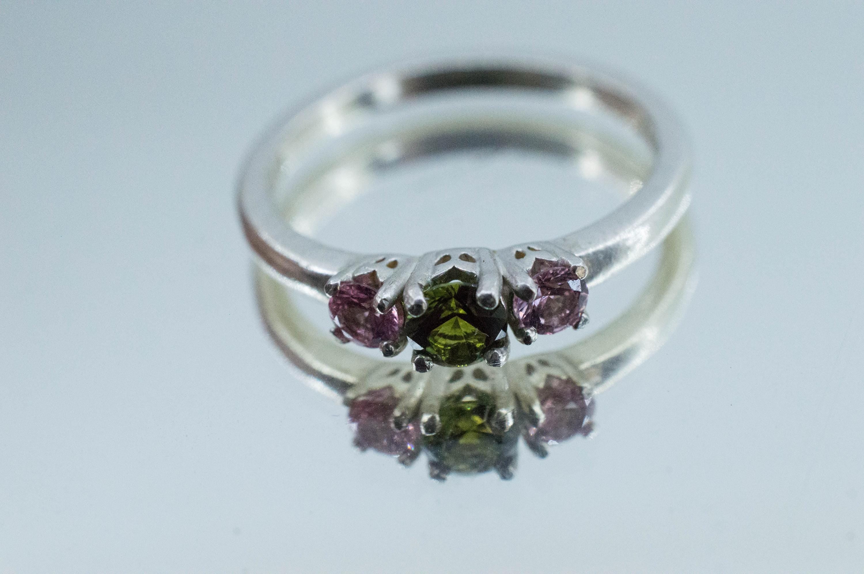 Green Tourmaline and Pink Spinel Ring; Natural Untreated Brazil Tourmaline and Vietnam Spinel