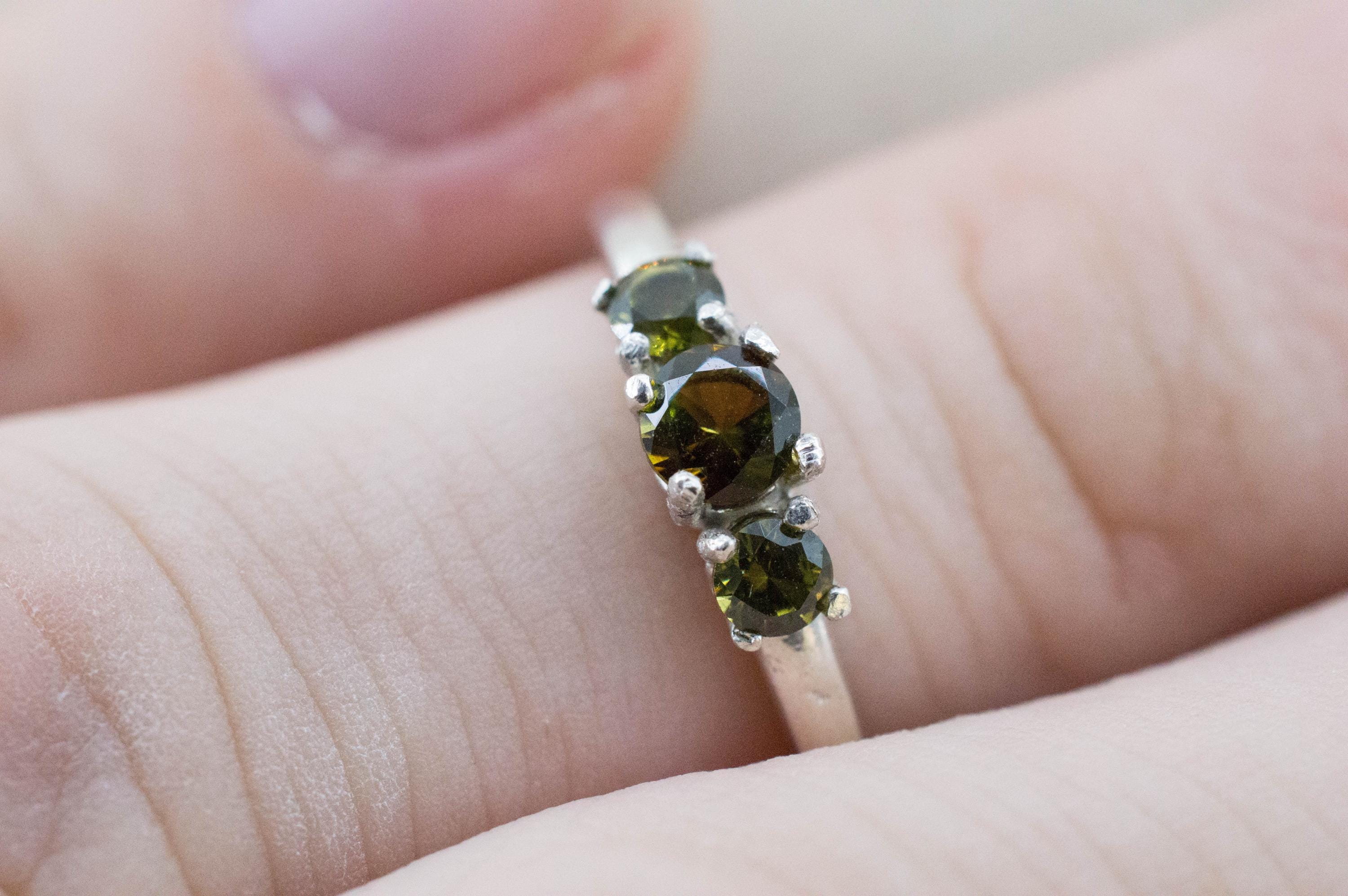Green Tourmaline and Zircon Ring; Natural Untreated Brazil Tourmaline and Sri Lanka Green Zircon
