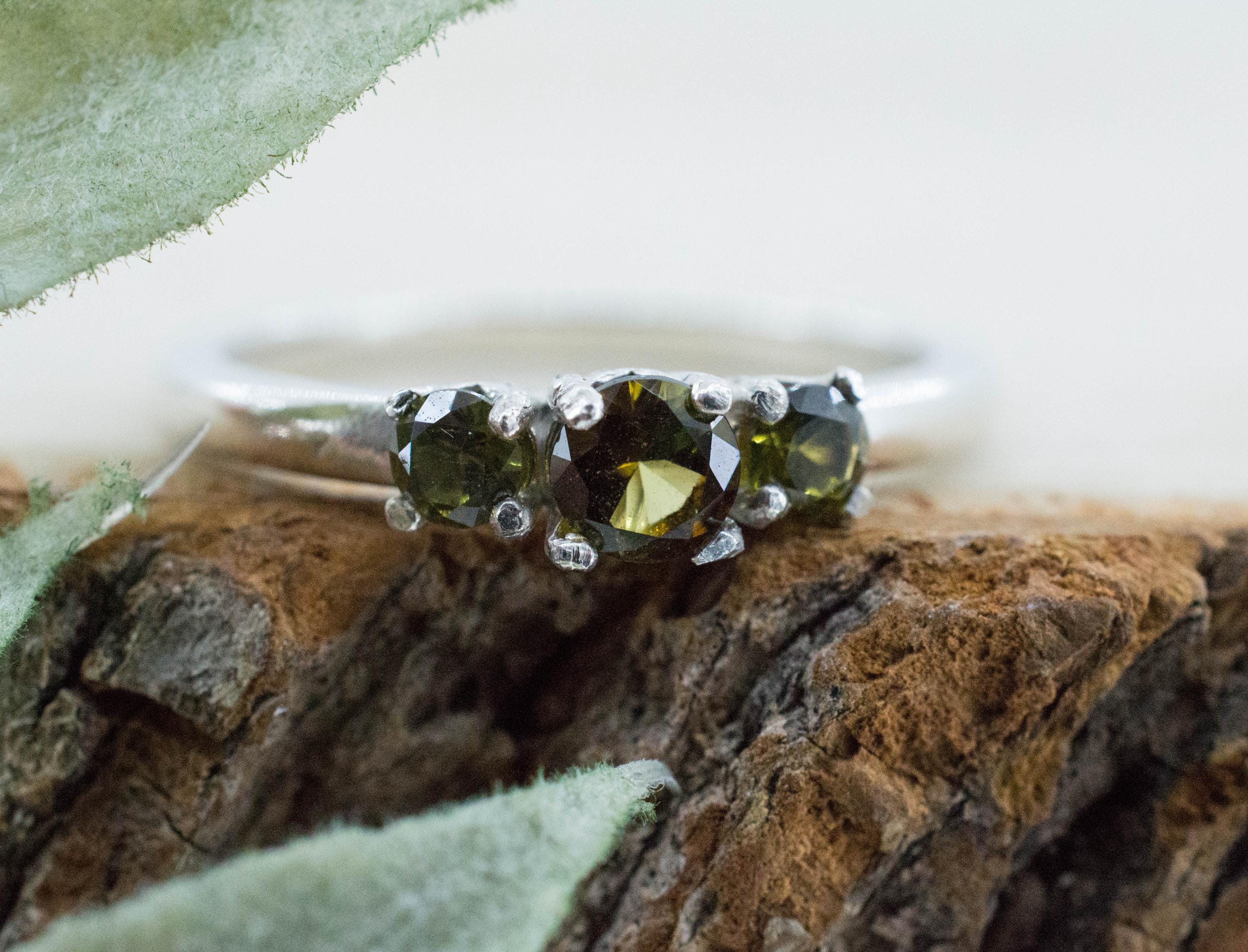 Green Tourmaline and Zircon Ring; Natural Untreated Brazil Tourmaline and Sri Lanka Green Zircon