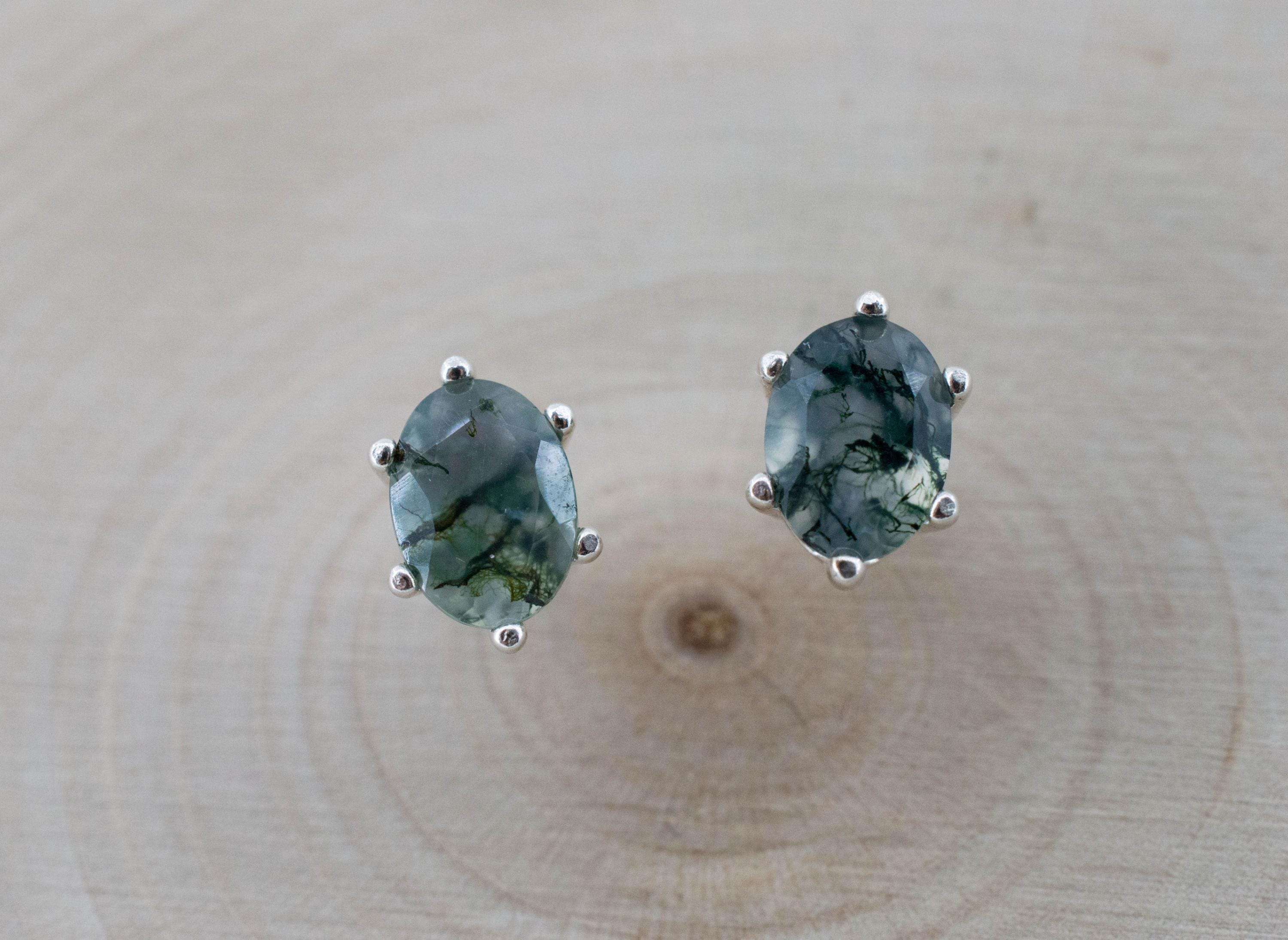 Green Moss Agate Earrings, Natural Untreated India Agate; 1.440cts