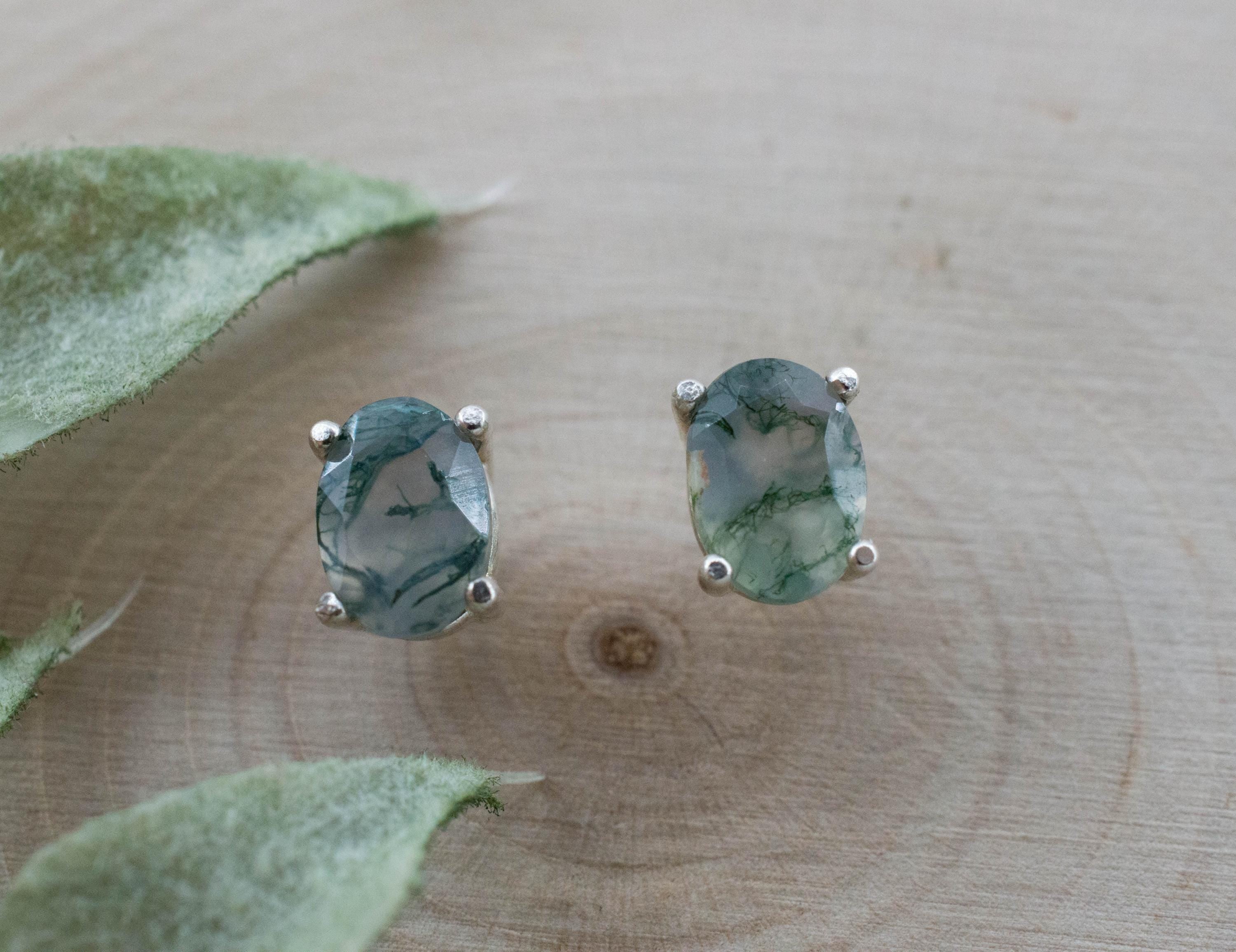Green Moss Agate Earrings, Natural Untreated India Agate; 1.540cts