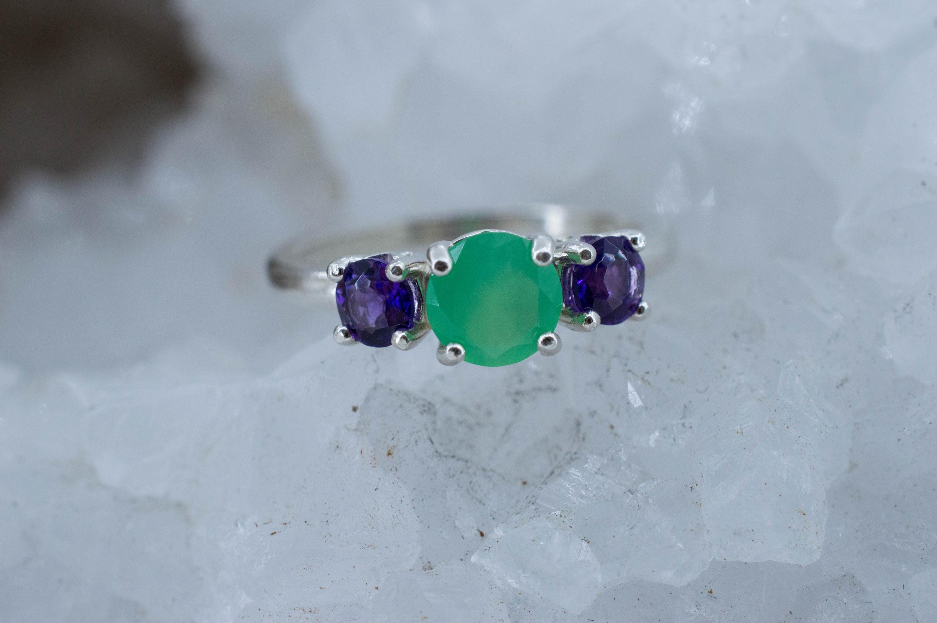 Chrysoprase and Amethyst Ring, Natural Untreated Australian Chrysoprase
