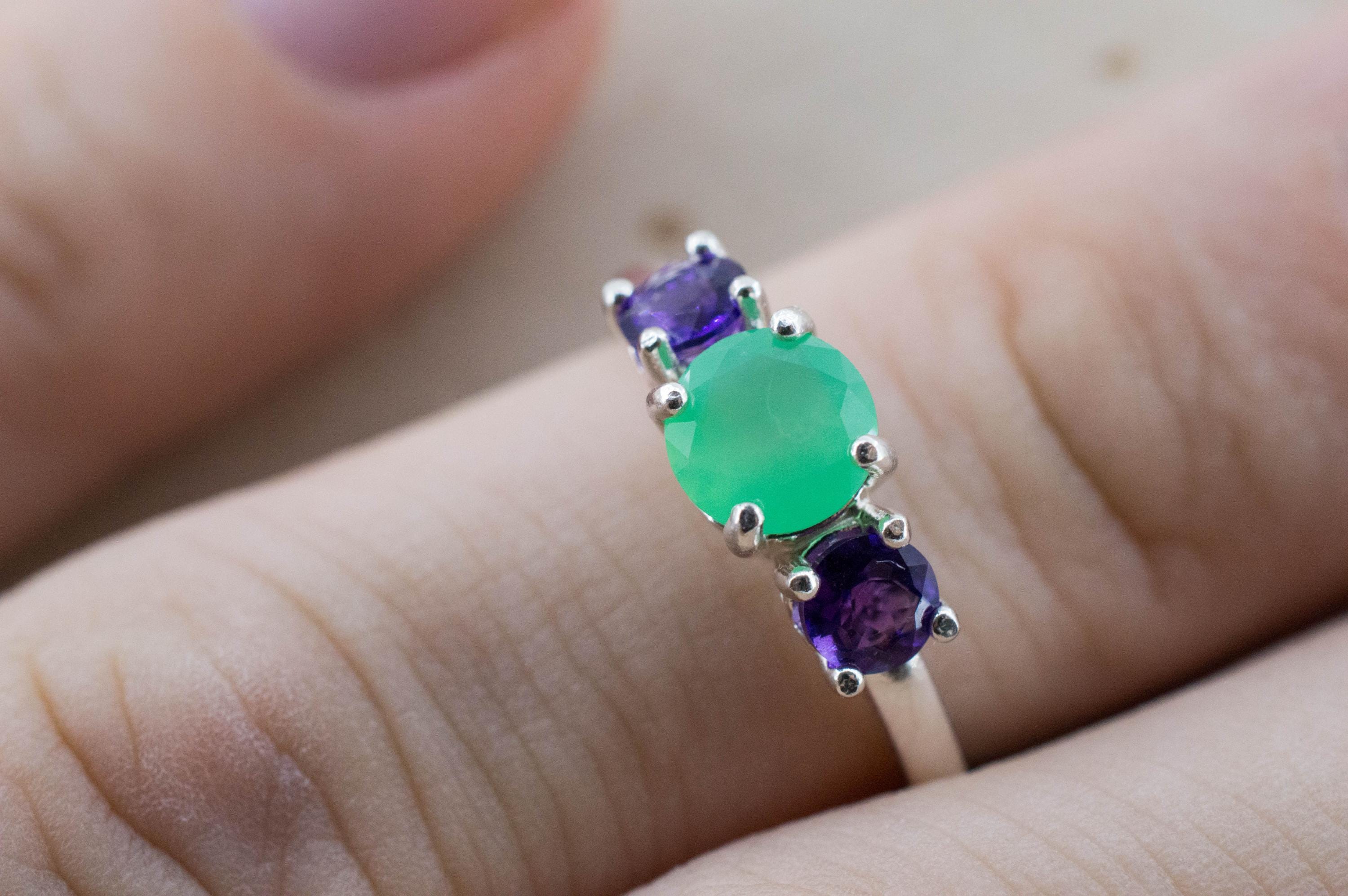 Chrysoprase and Amethyst Ring, Natural Untreated Australian Chrysoprase