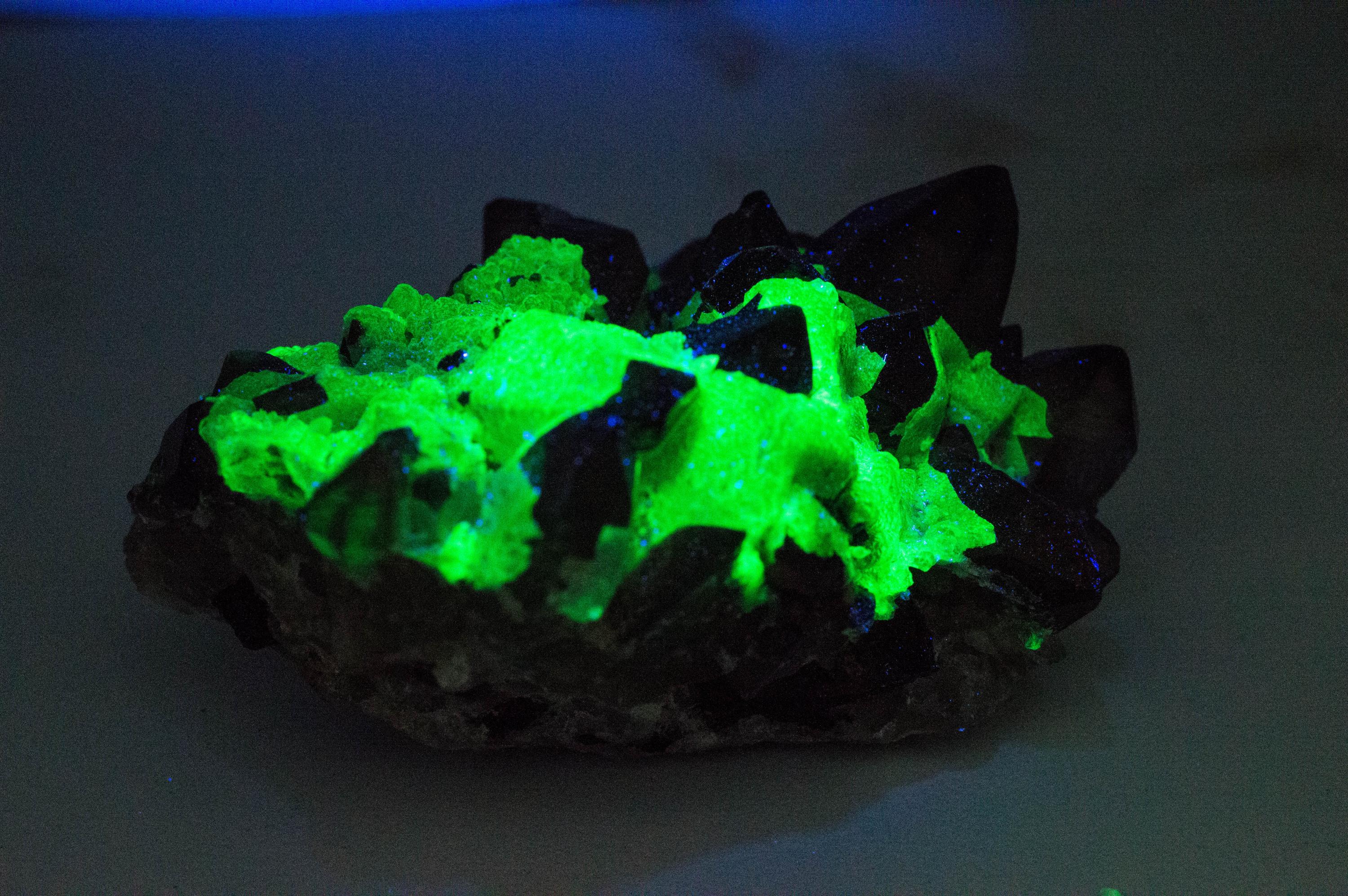 Hyalite Opal and Smoky Quartz Cluster; Natural Untreated Erongo Namibia Fluorescent Opal; 205.24grams