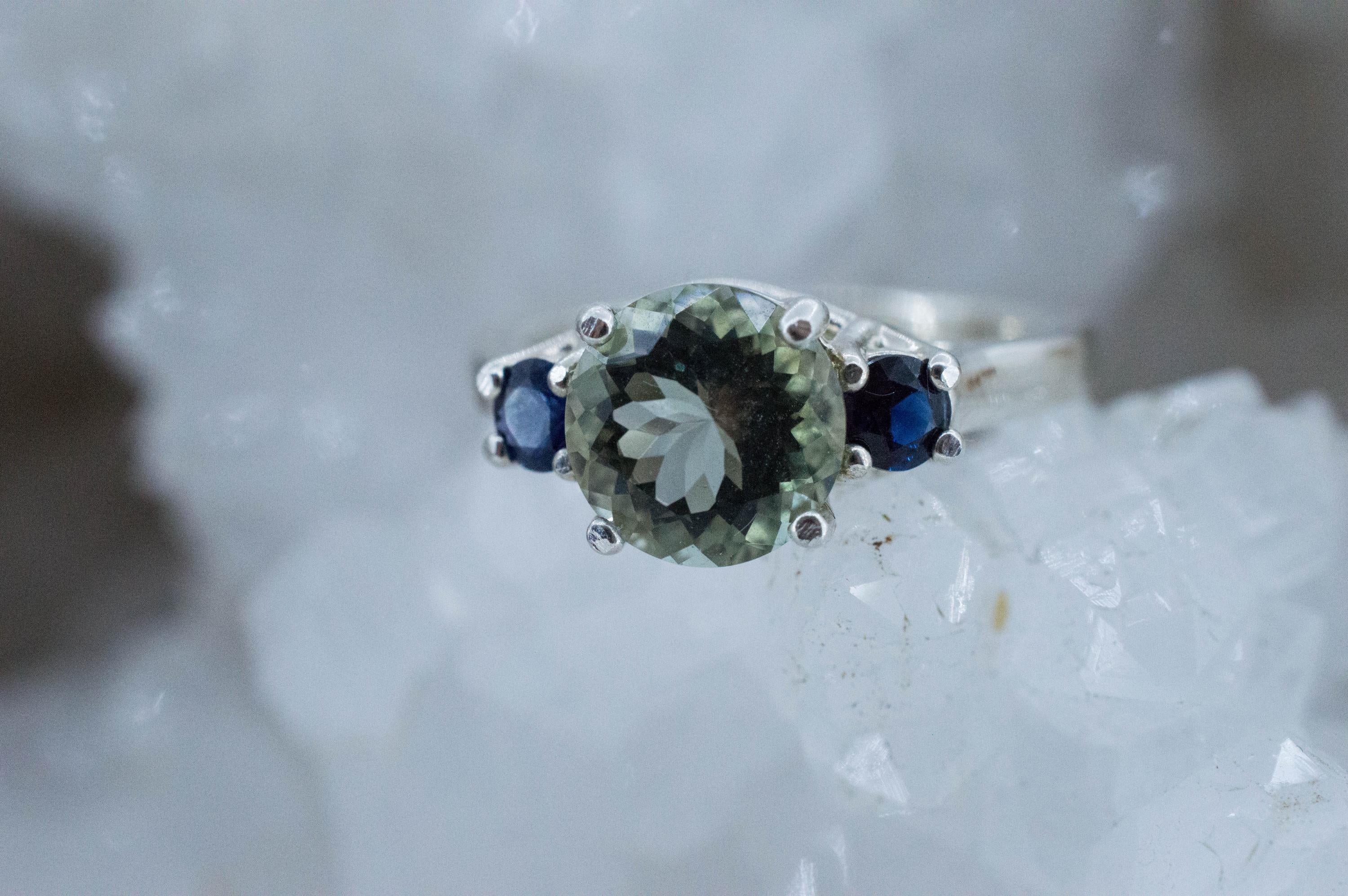 Prasiolite and Sapphire Ring, Natural Brazil Green Amethyst; Thailand Sapphire