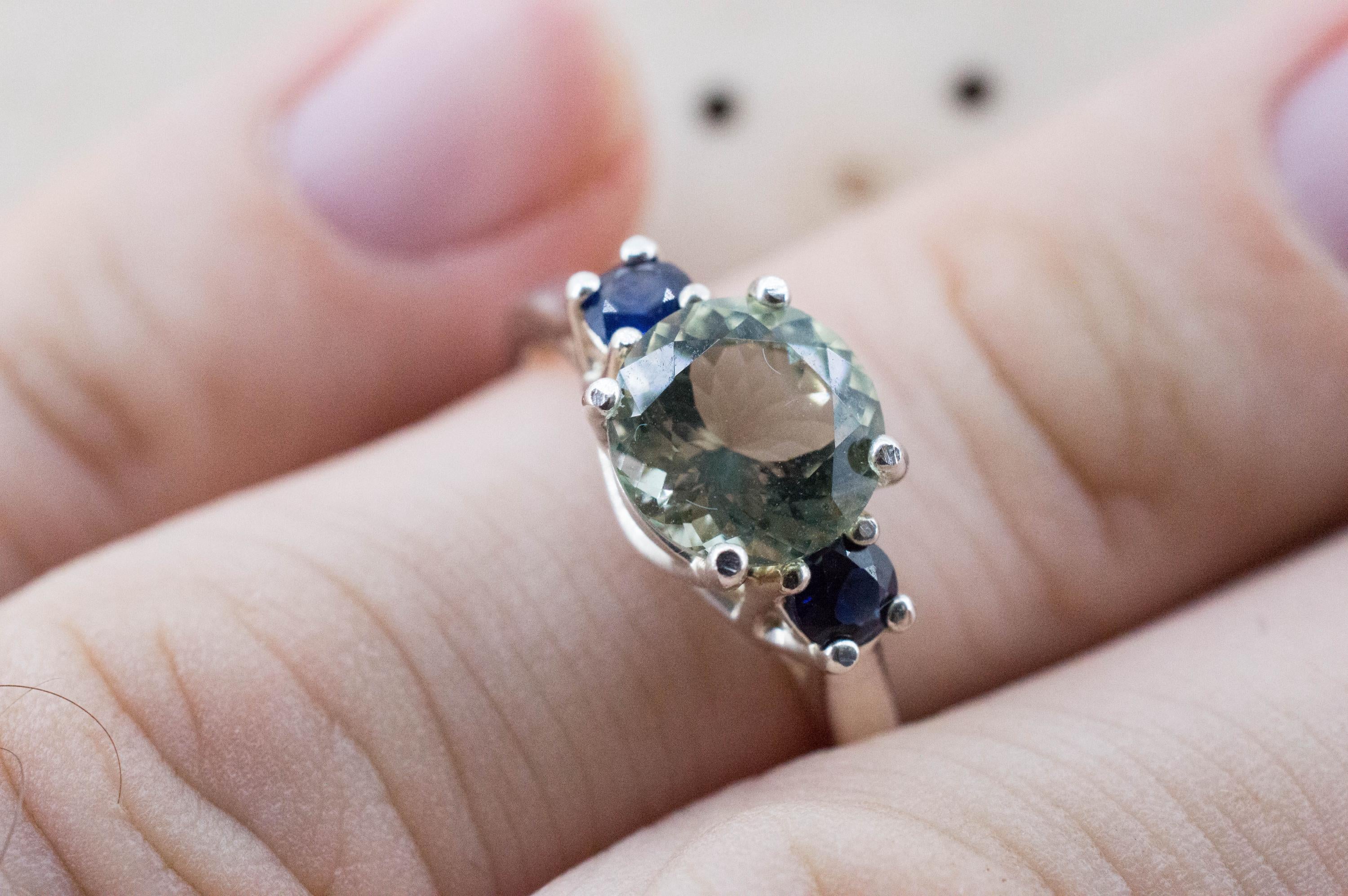 Prasiolite and Sapphire Ring, Natural Brazil Green Amethyst; Thailand Sapphire