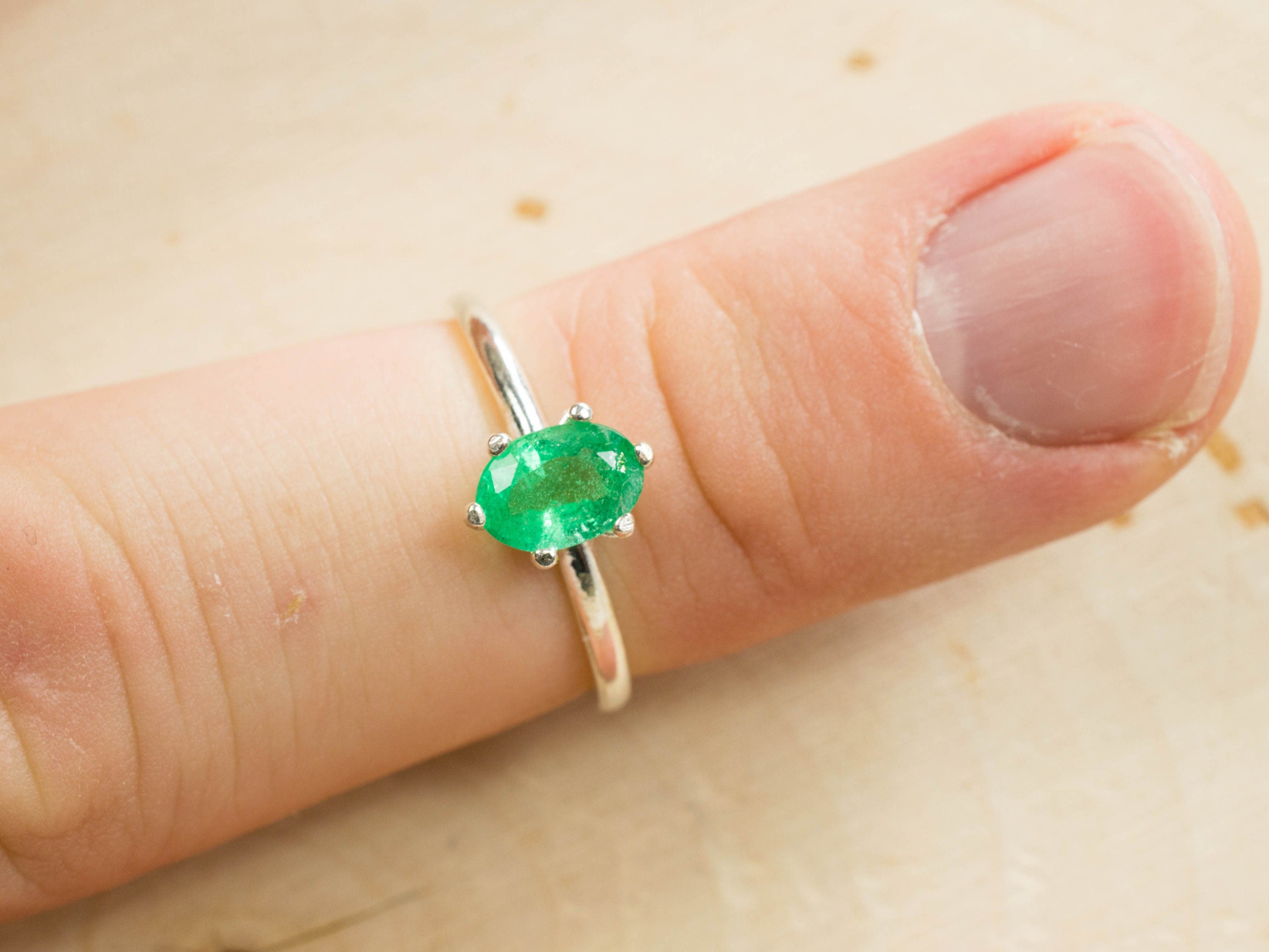 Colombian Emerald Sterling Silver Ring; Genuine Oiled Emerald - Mark Oliver Gems