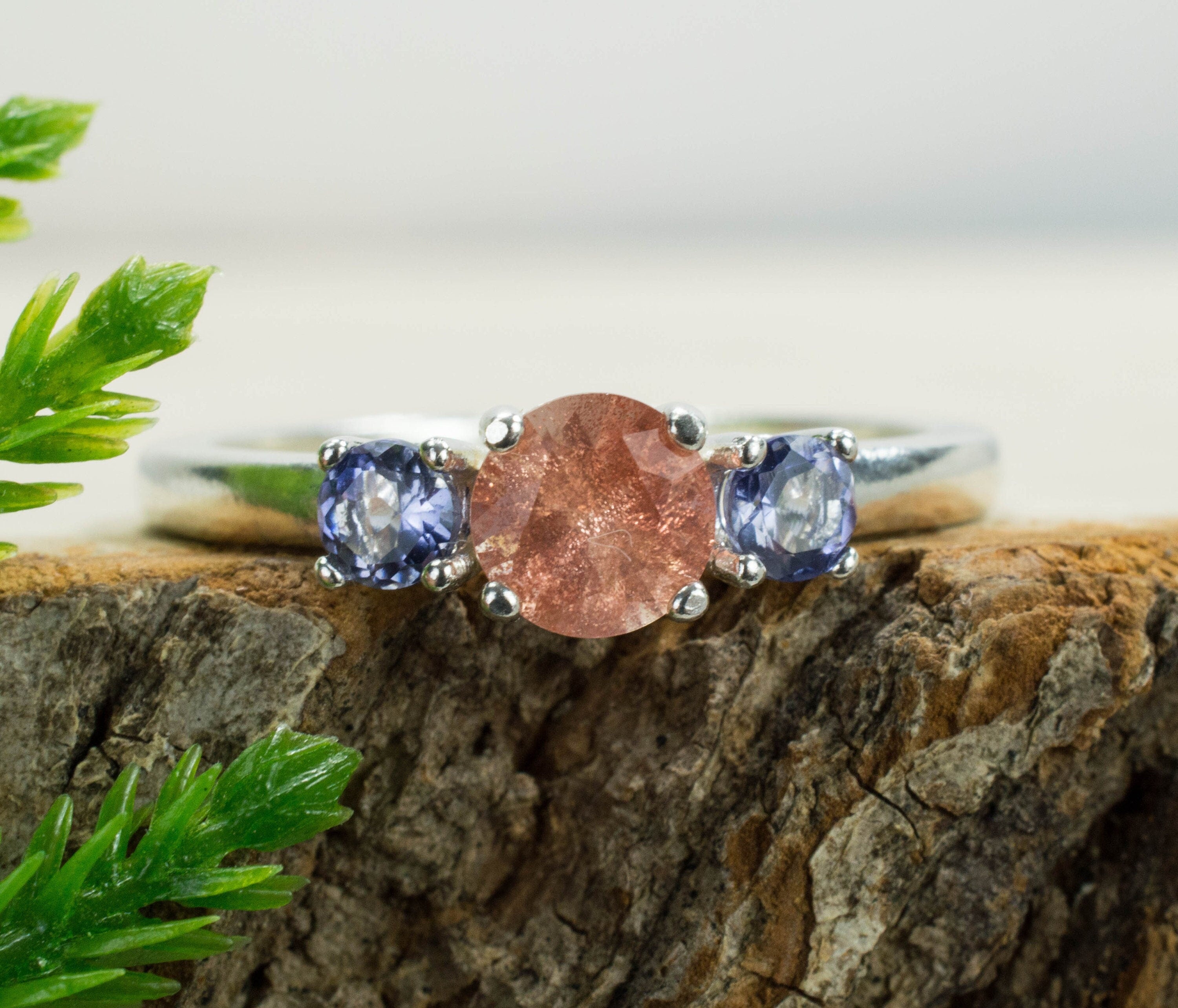 Oregon Sunstone and Iolite Sterling Silver Ring, Genuine Untreated Sunstone and Iolite; Iolite Ring - Mark Oliver Gems