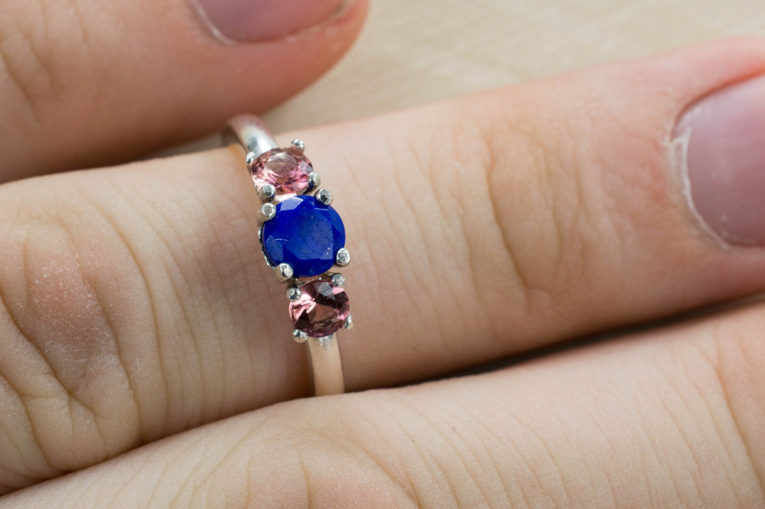 Lapis Lazuli and Pink Tourmaline Sterling Silver Ring, Genuine Untreated Lapis and Tourmaline; Tourmaline Ring; Lapis Ring - Mark Oliver Gems