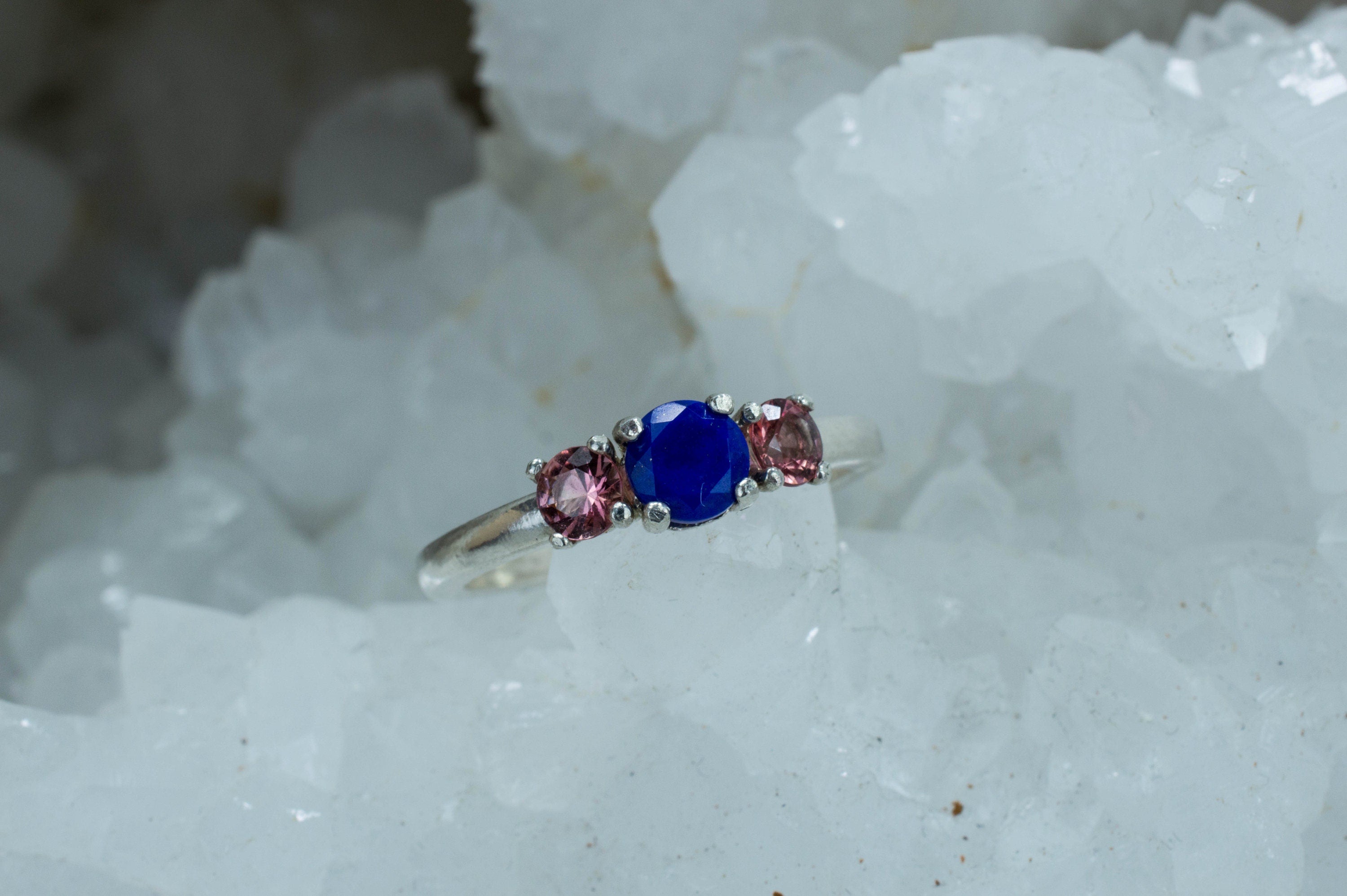 Lapis Lazuli and Pink Tourmaline Sterling Silver Ring, Genuine Untreated Lapis and Tourmaline; Tourmaline Ring; Lapis Ring - Mark Oliver Gems