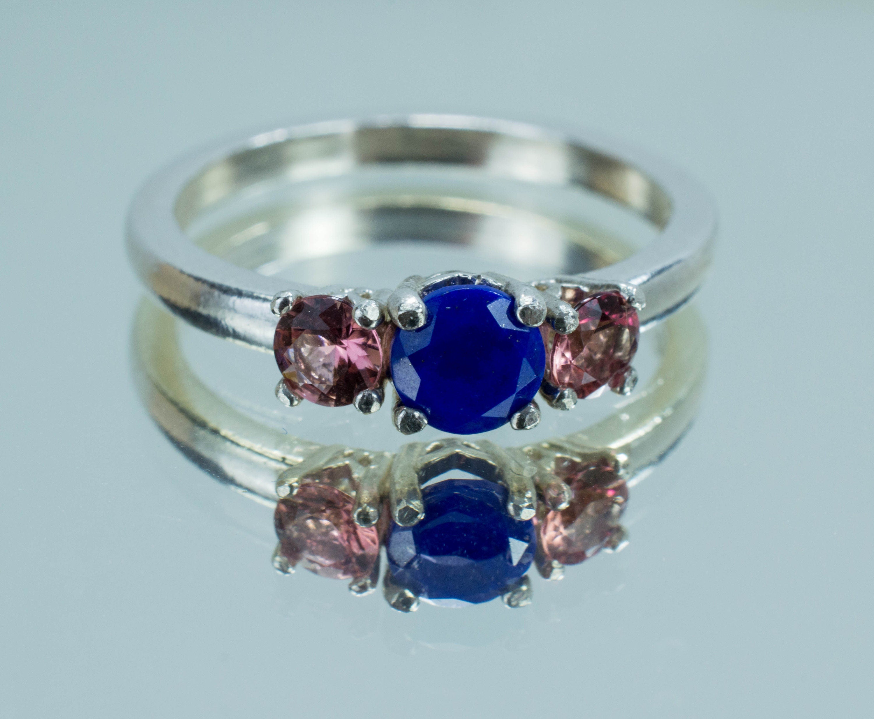 Lapis Lazuli and Pink Tourmaline Sterling Silver Ring, Genuine Untreated Lapis and Tourmaline; Tourmaline Ring; Lapis Ring - Mark Oliver Gems