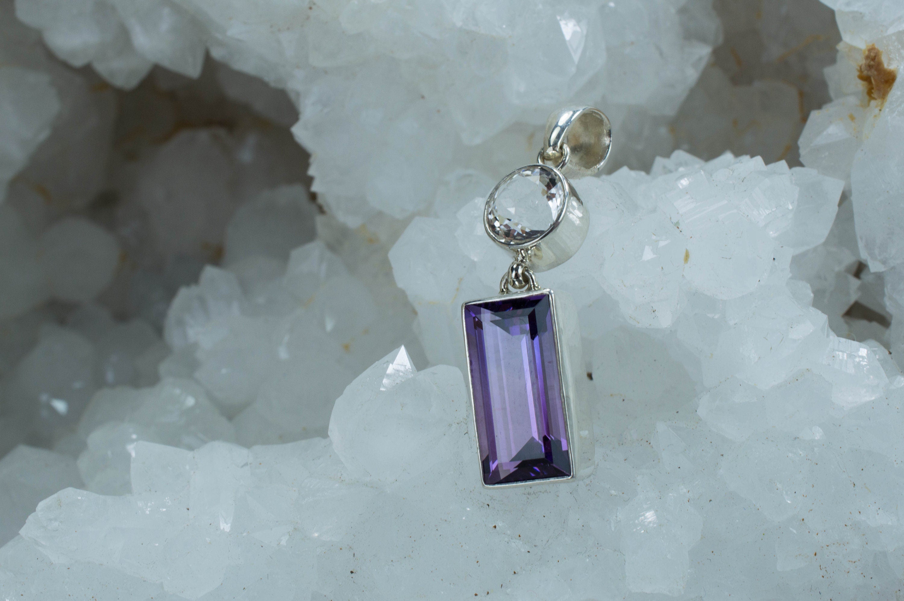 Amethyst and Quartz Sterling Silver Pendant; Genuine Untreated Brazilian Amethyst and Tanzanian Quartz; Amethyst Pendant - Mark Oliver Gems