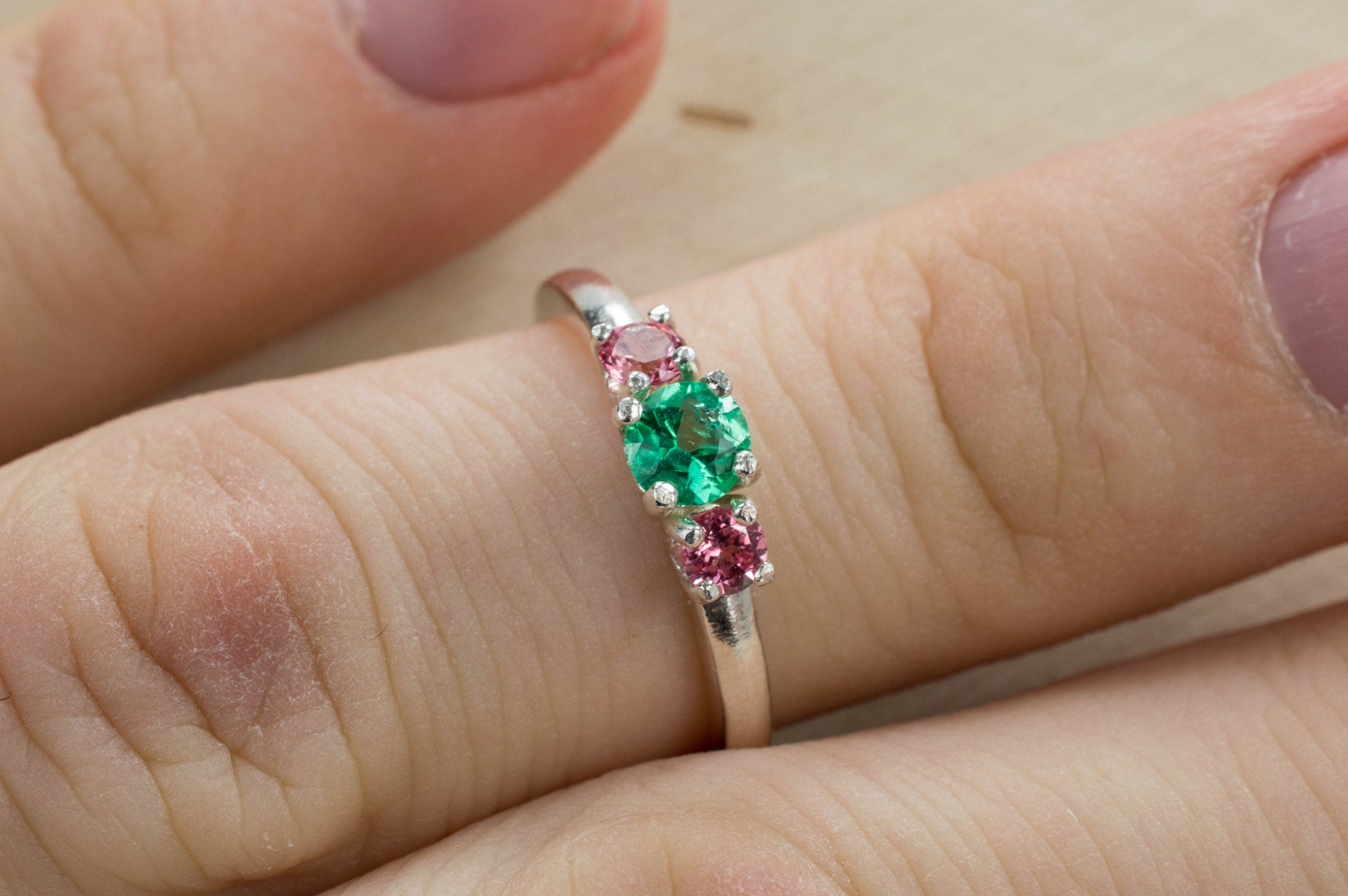 Emerald and Spinel Ring; Genuine Untreated Colombian Emerald and Vietnam Spinel; Emerald Ring; Pink Spinel Ring - Mark Oliver Gems