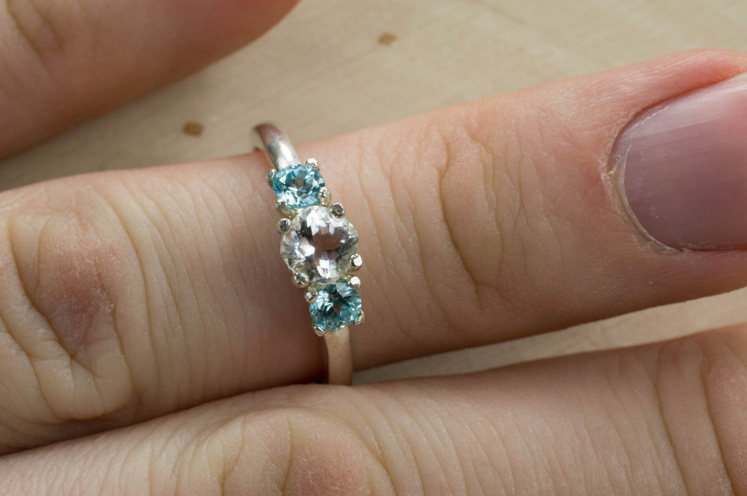 Tanzanian Quartz and Blue Zircon Sterling Silver Ring, Genuine Untreated Mondo Quartz and Cambodian Zircon; Blue Zircon Ring; Quartz Ring - Mark Oliver Gems
